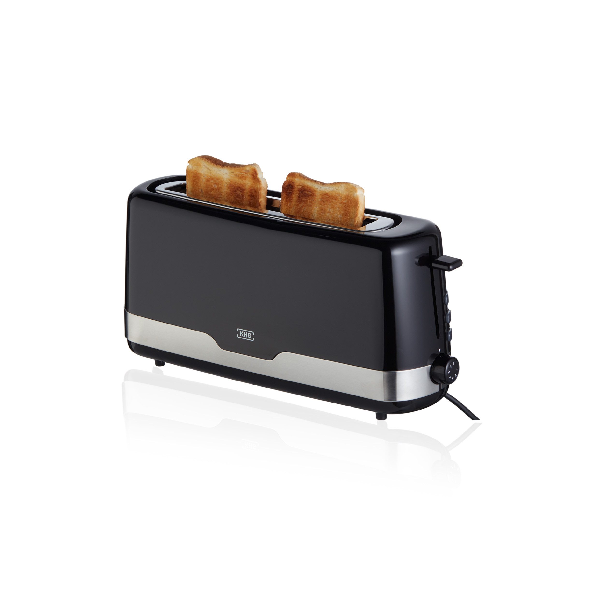 KHG Toaster Langschlitztoaster aus Edelstahl Schwarz, 850 W, für 2 Toastscheiben, 1 langer Schlitz, für 2 Scheiben, 850 W, 7 Röstgradstufen, Auftau- und Aufwärmfunktion, Brötchenaufsatz