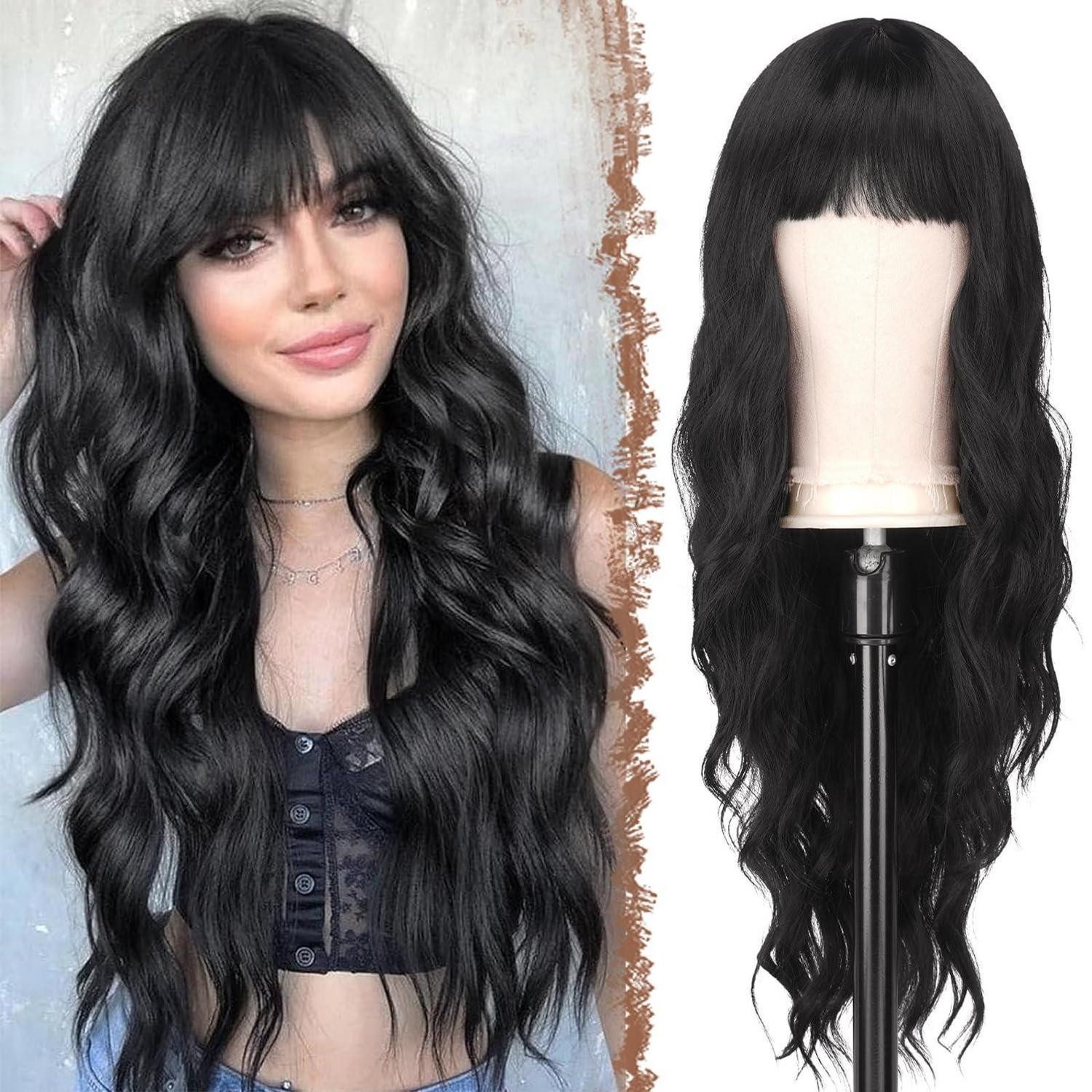 LuxusKollektion Kunsthaarperücke Perücke Pony Synthetik gewellt Damen 65cm Party Cosplay Schwarz