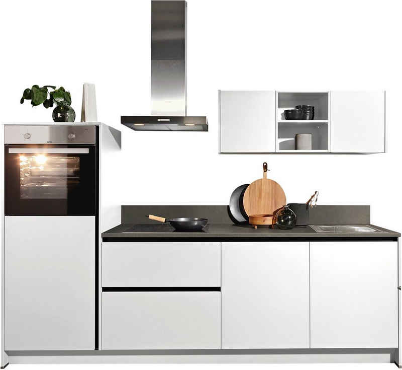Kochstation Kücheninsel KS-Sakura, vormontiert, mit Vollauszügen und höhenverstellbaren Füßen, vormontiert, wahlweise mit E-Geräten und Beleuchtung, Breite 268 cm