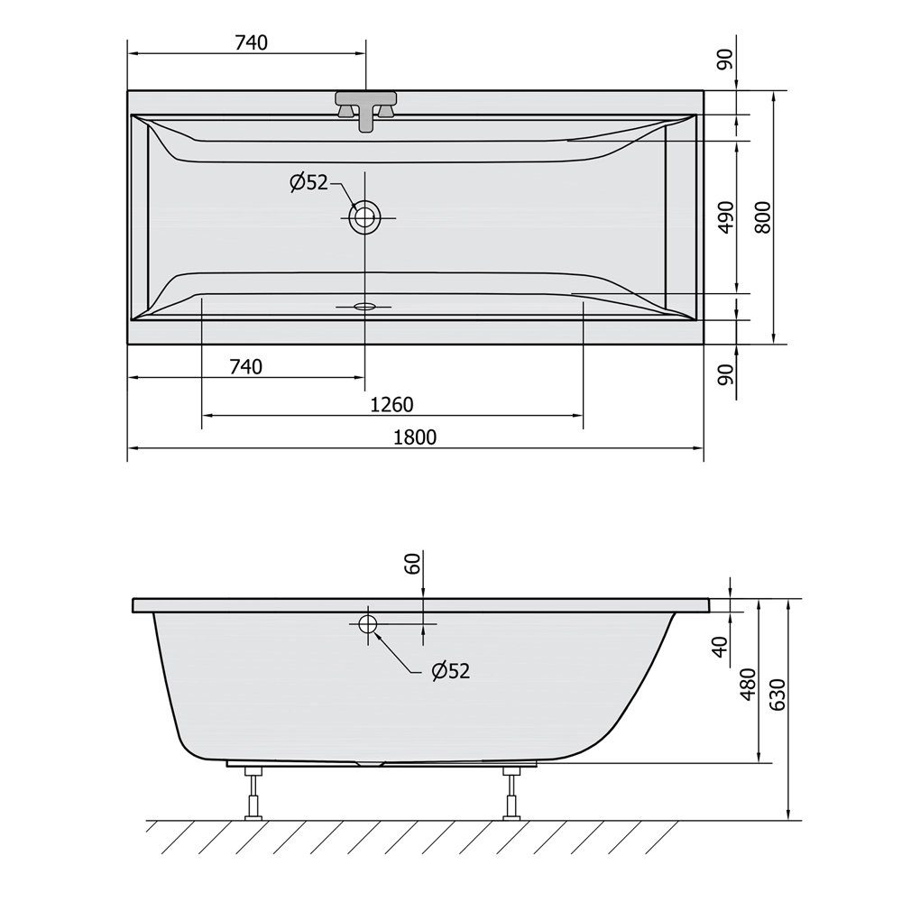 Polysan s.r.o. Badewanne CLEO Rechteckwanne mit Füßen 180x80x48cm, schwarz matt