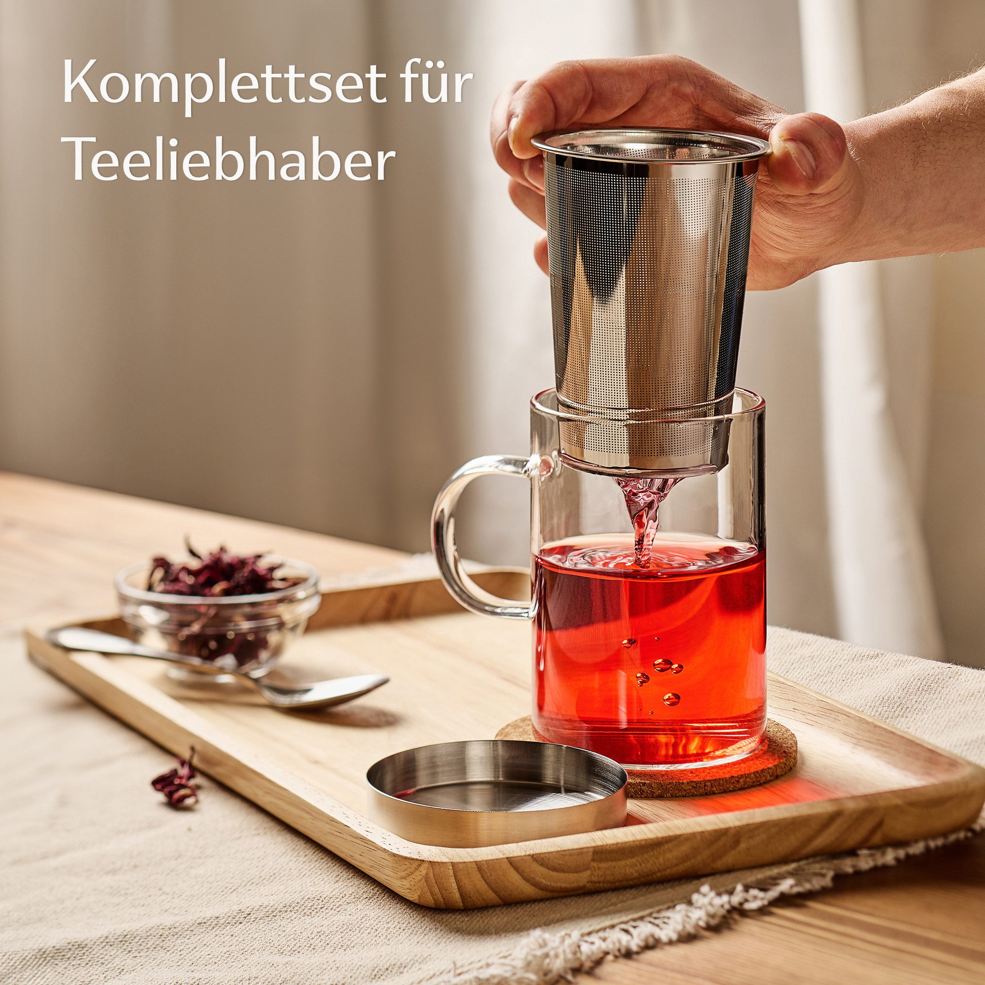 Cosumy Teeglas Teetasse mit Deckel und Sieb - Teeglas mit Sieb & Untersetzer 400ml, 1-tlg., Glas, Zubereiter inkl. Untersetzer - Geschenk Tasse - Feinmaschiger Filter