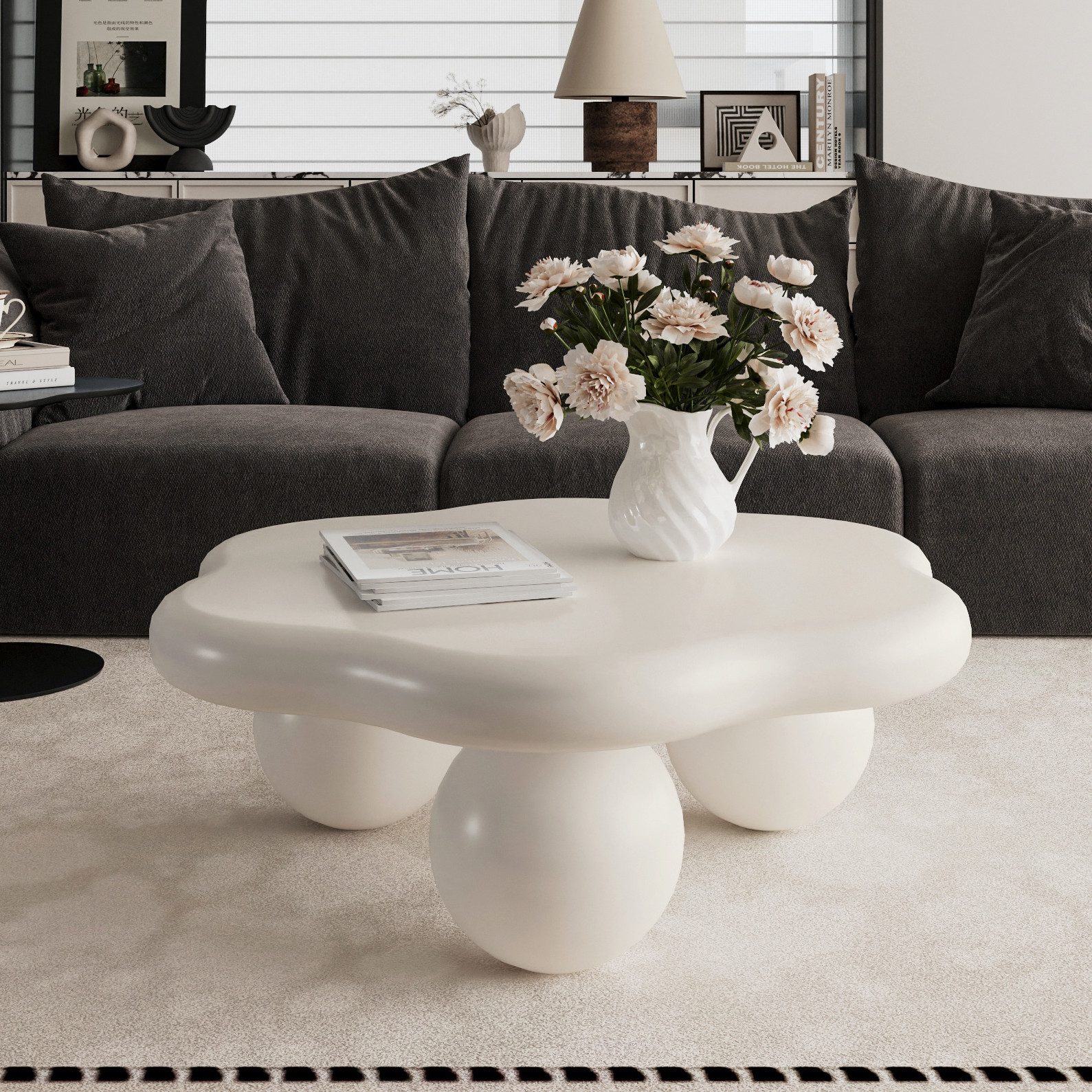 Odikalo Couchtisch Beistelltisch Wohnzimmertisch mit Speicherfunktion (Cremefarbener wolkenförmiger Couchtisch moderner minimalistischer Couchtisch in Blütenblattform mit kugelförmigen Beinen cremeweiß kinder-und haustierfreundlich platzsparender Wohnzimmertisch für kleine Wohnungen 80 cm)
