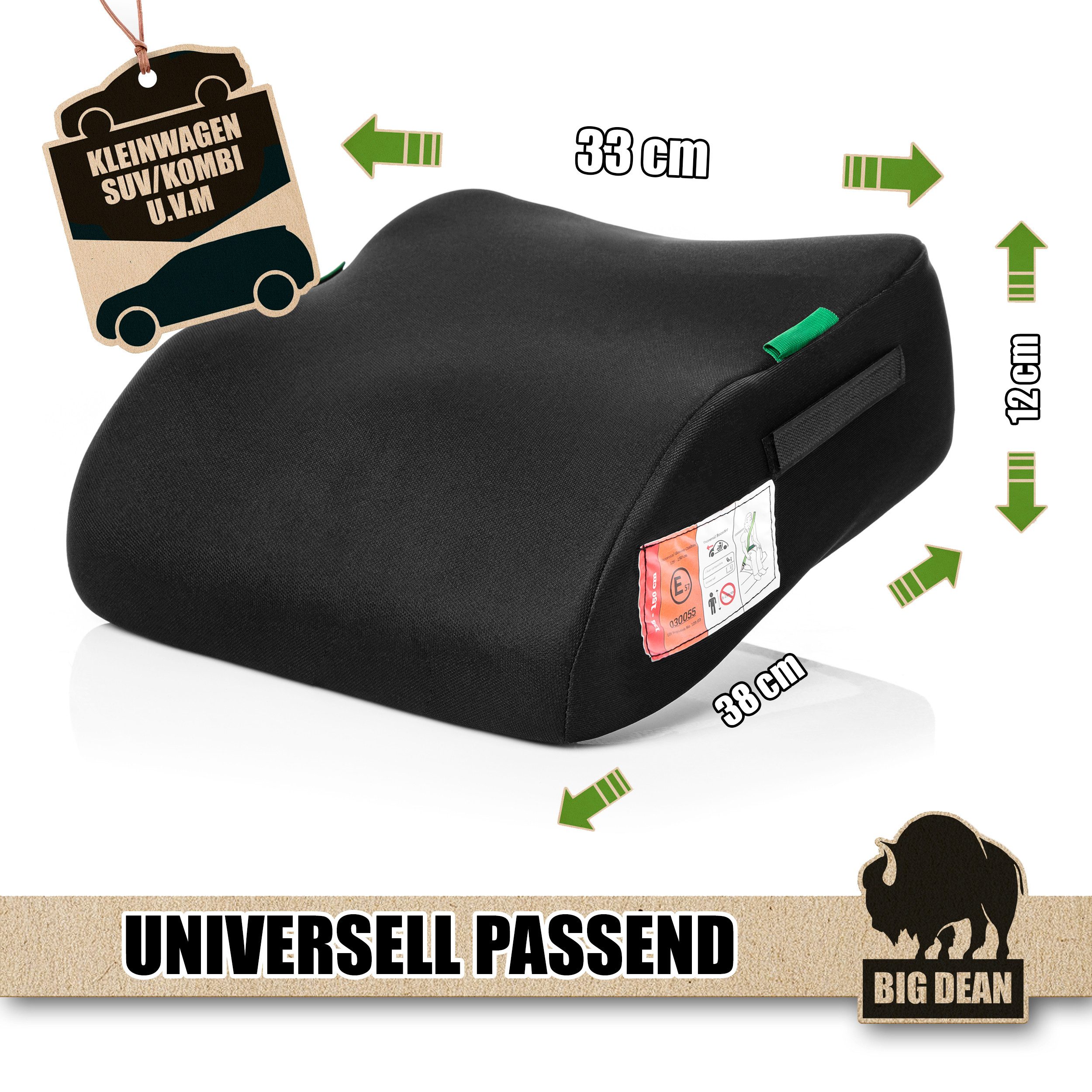 BigDean Kindersitzerhöhung Kindersitzerhöhung nach neuster i-Size Norm R129 Schwarz, ab: 6, bis: 12, ab: 135 cm, bis: 150 cm, (Packung, 1-tlg), 3 Punkt Gurt Befestigung, Polystyrol