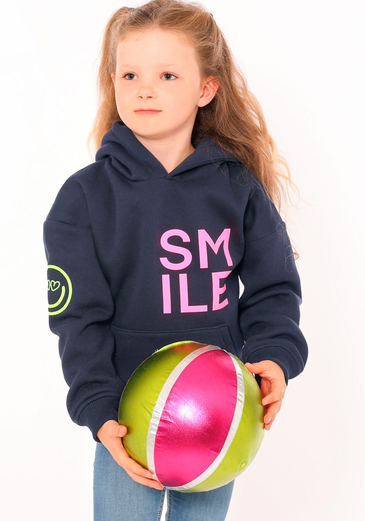 Zwillingsherz Hoodie "Alissa-Kids" mit "Smile"-Aufdruck in Neonfarben und gestickte Smiley
