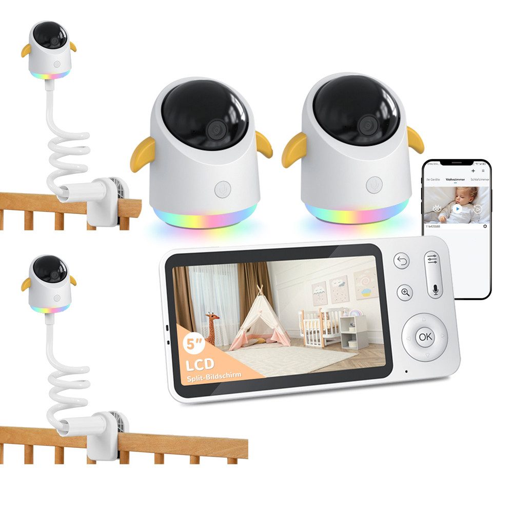 Babyphone 2K Babyphone mit 2 Kameras 5" Display Video Babyfon mit App mit Halter