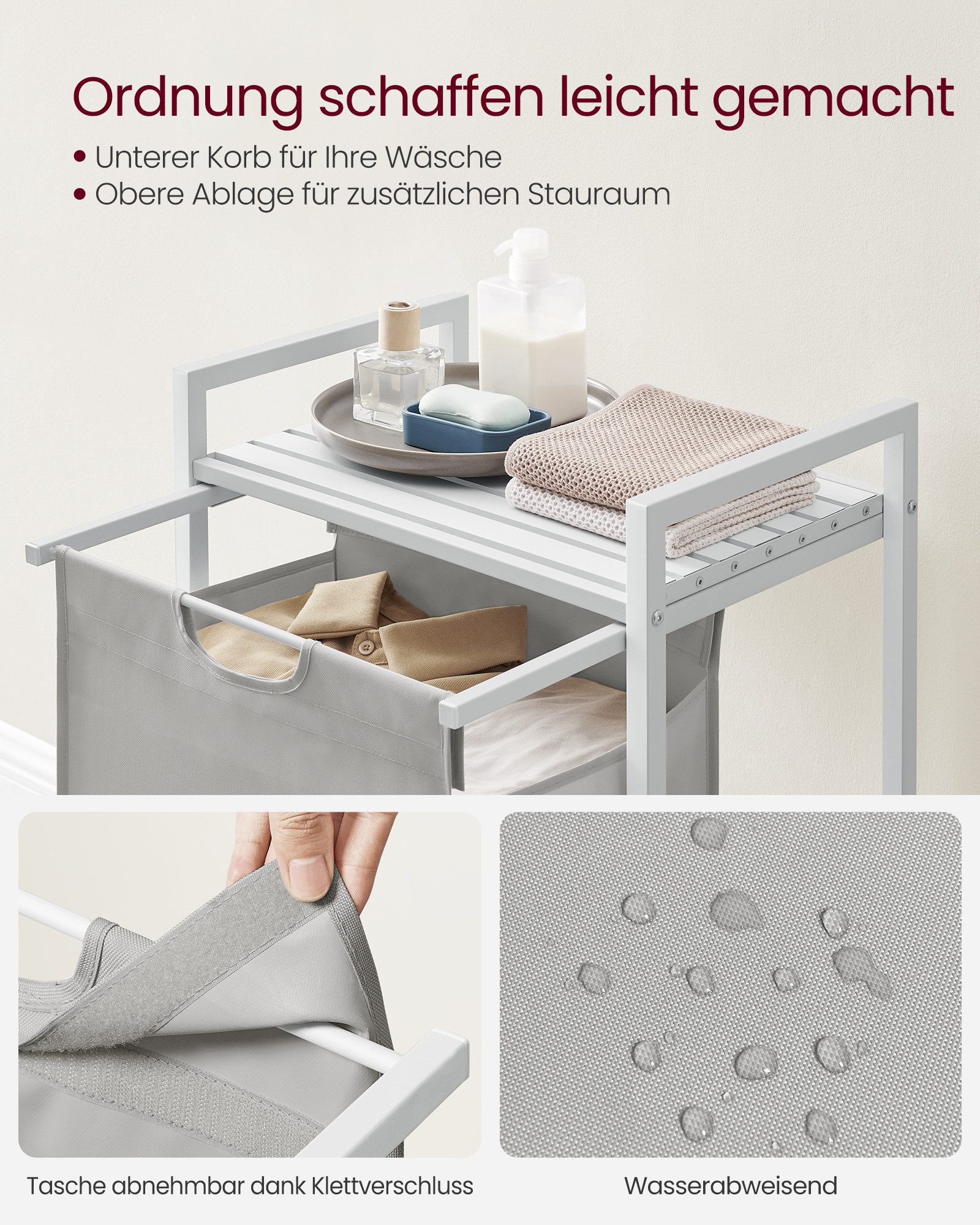 VASAGLE Wäschekorb Wäschesammler mit Ablage, Wäschesack abnehmbar, 65 L, 50 x 33 x 72 cm, Wäschebox, Metallrahmen, taubengrau – Bild 4 von 5