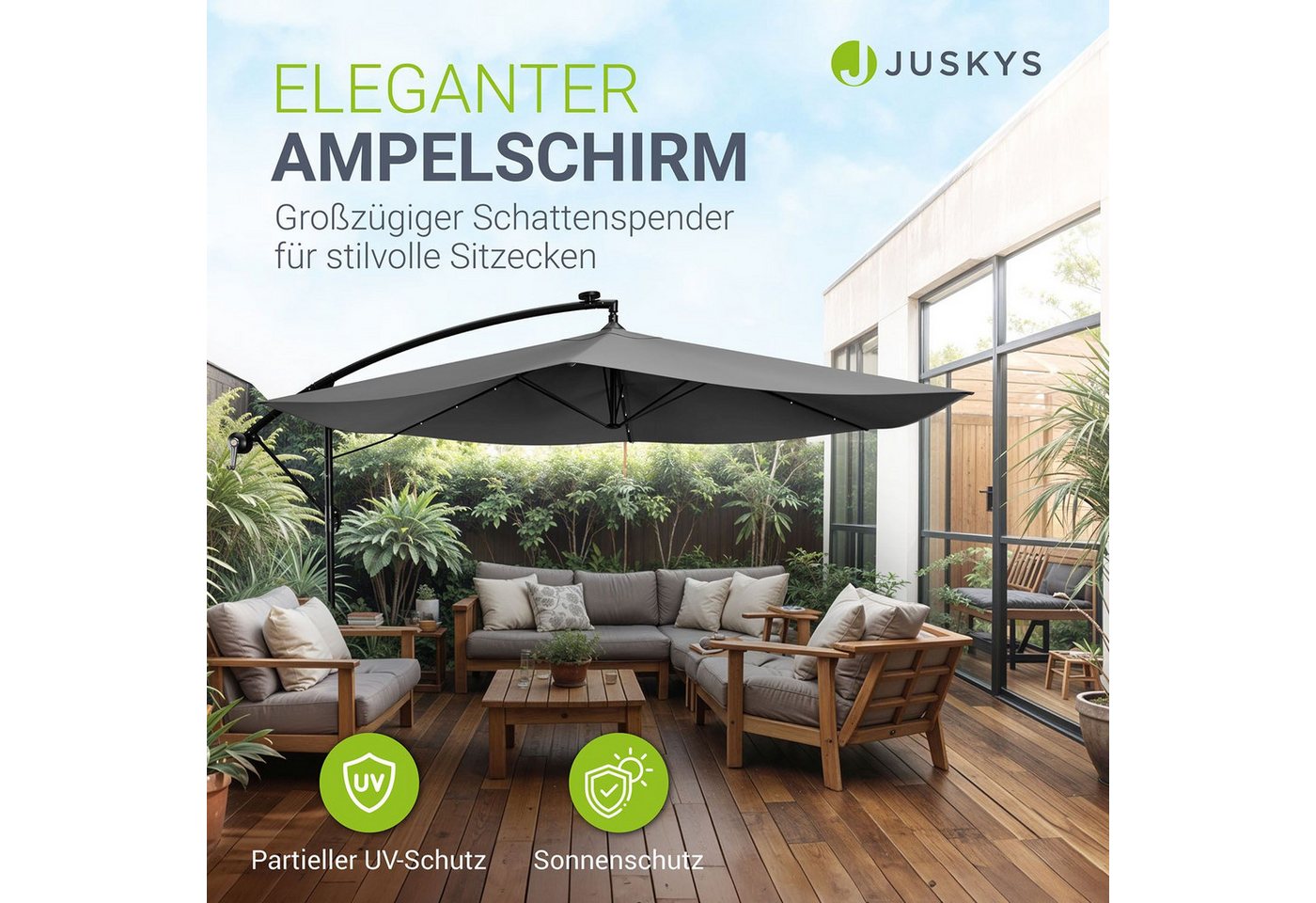 Thumbnail - Juskys Ampelschirm Brazil, Sonnenschirm 285 cm Durchmesser, mit LED, Kurbel, Standfuß & Hülle
