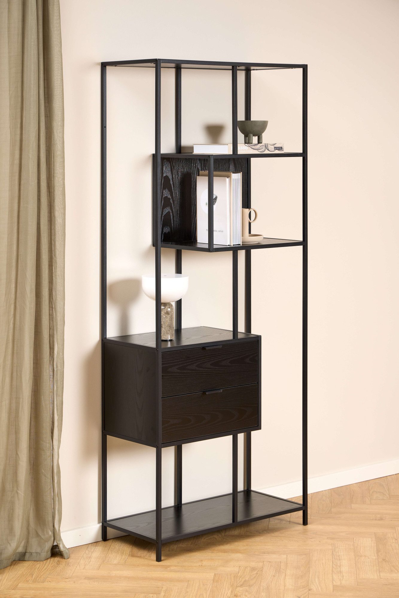 ACTONA GROUP Regal Seaford, Standregal, Regal, Raumteiler, schwarzer Stahlrahmen, 2 Schubladen, Wendemodul, Breite 77 cm