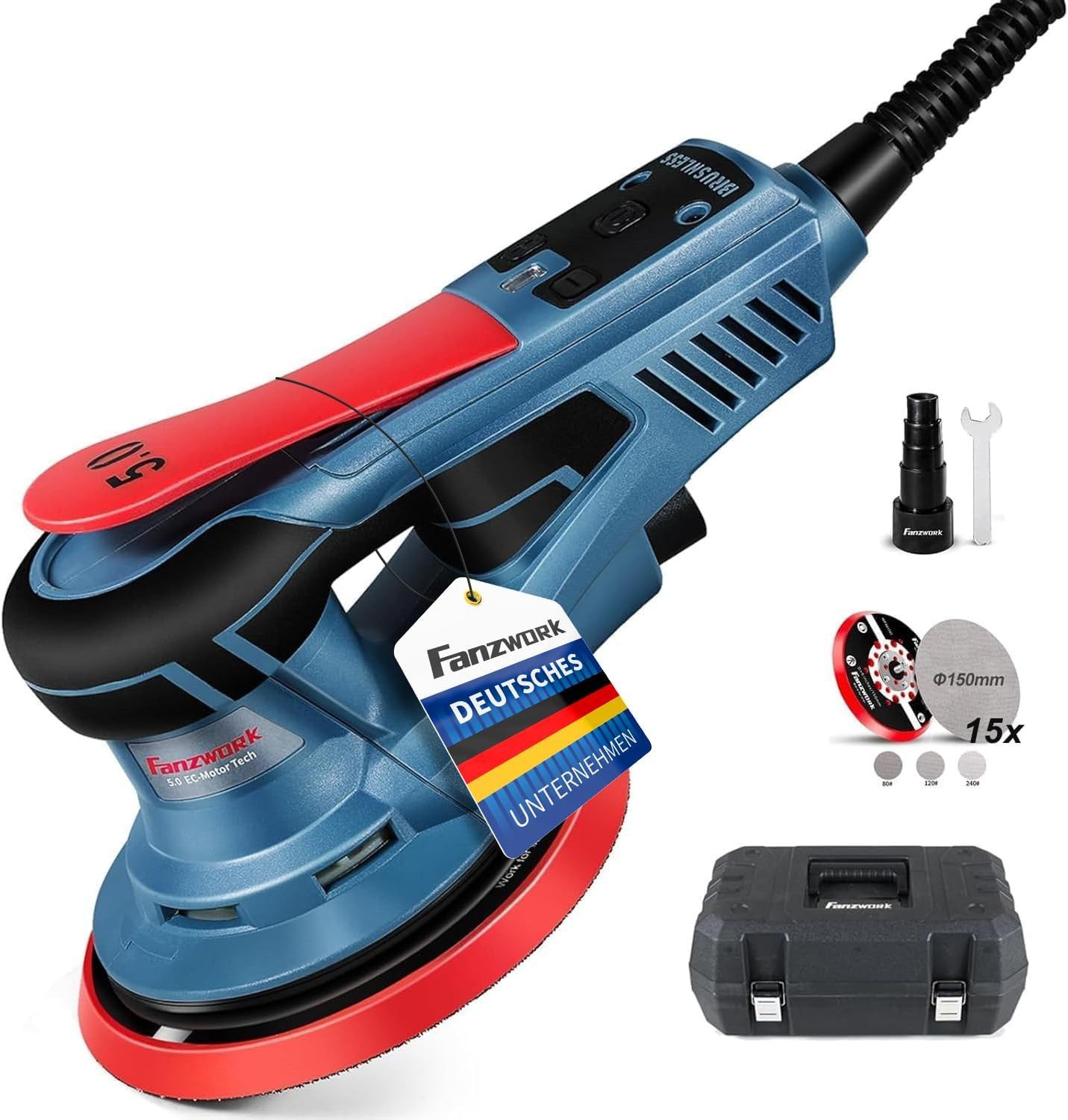 Exzenterschleifer 350W bürstenloser EC-Motor mit 150mm Schleifteller, Vibrationsarm