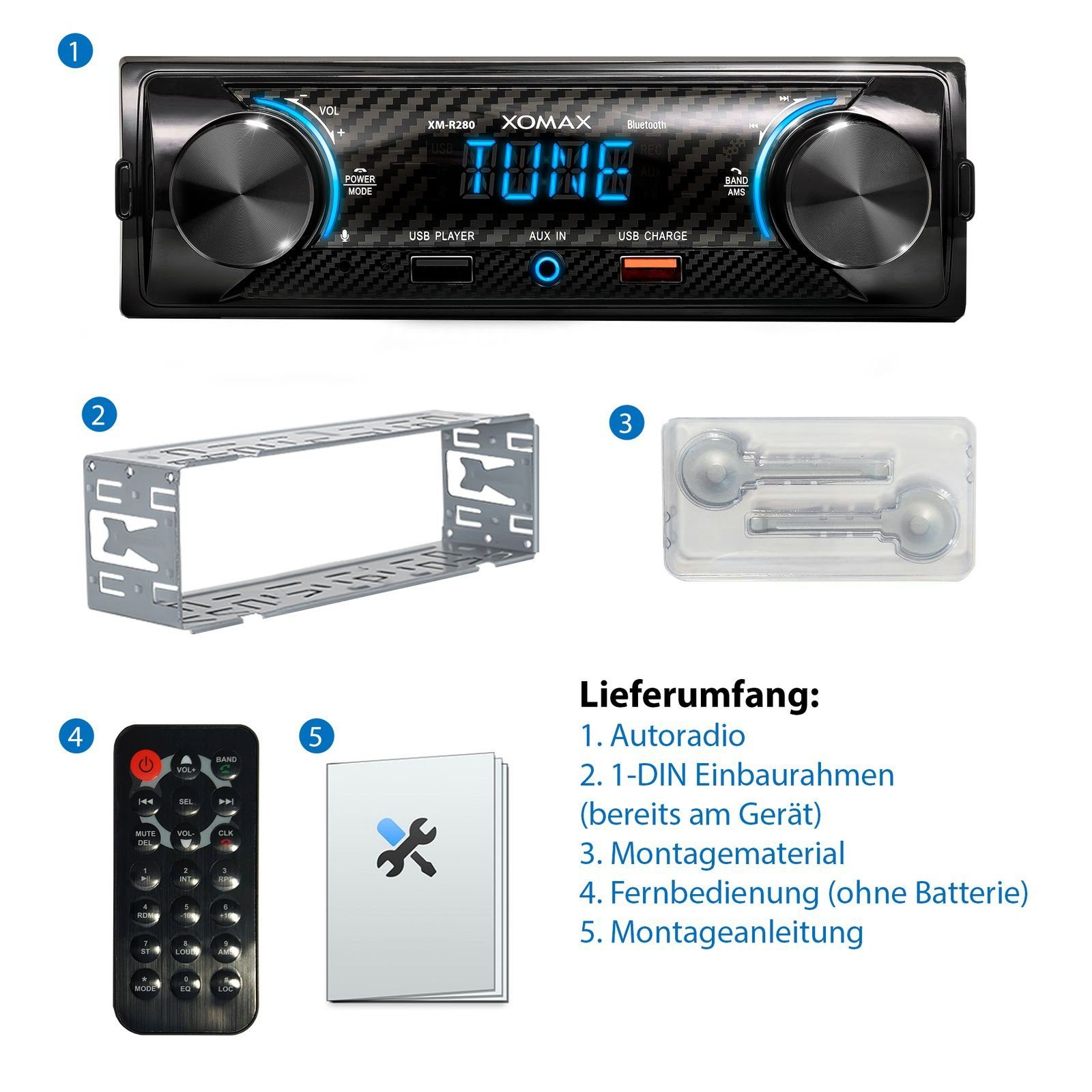 XOMAX XM-R280 2. Autoradio mit mit 1 USB Bluetooth, Ladefunktion, Aux, Autoradio DIN