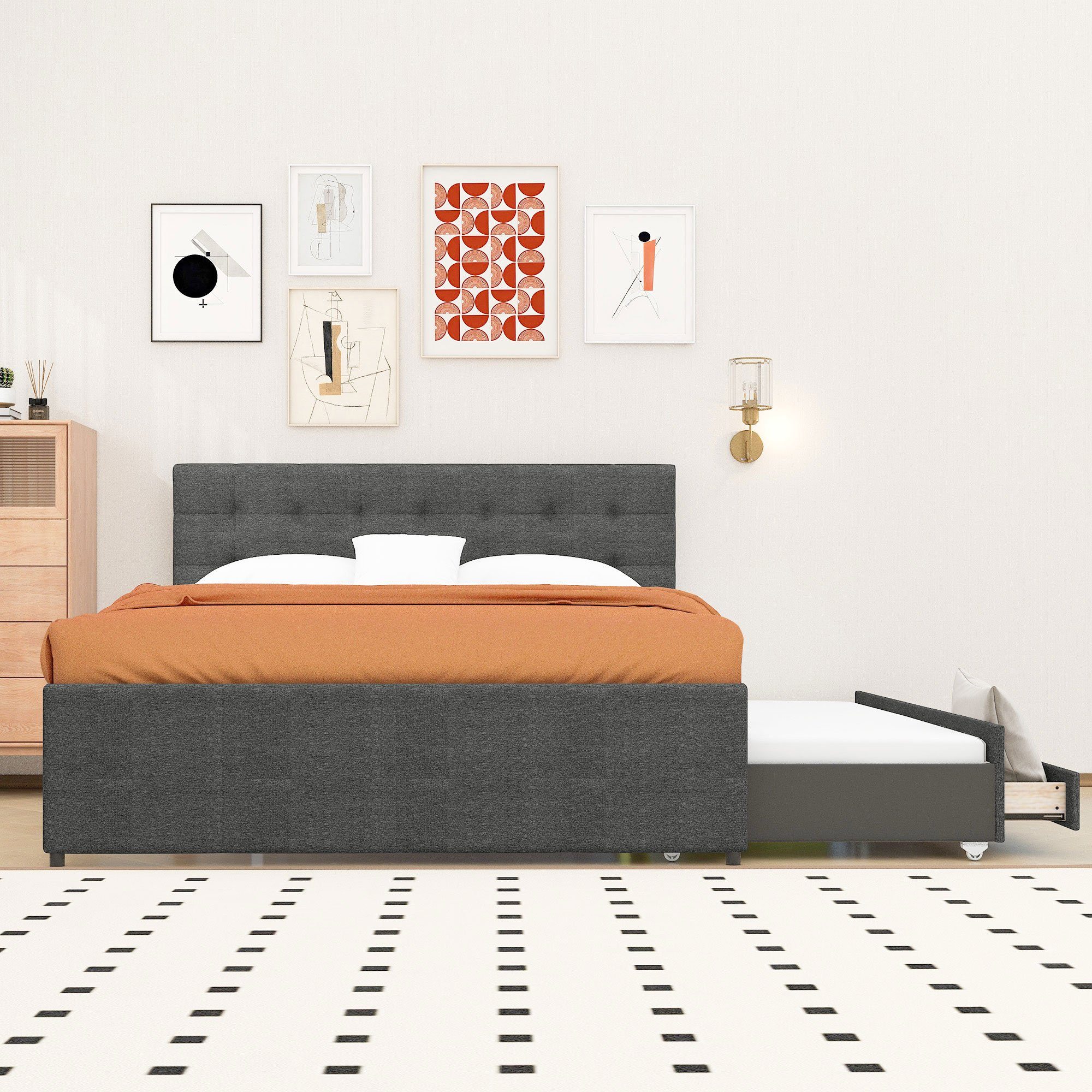Grau Kopfteil, Verstellbares Doppelbett Bett Ulife drei mit Schubladen, Polsterbett Familienbett, ausziehbares 140x200cm