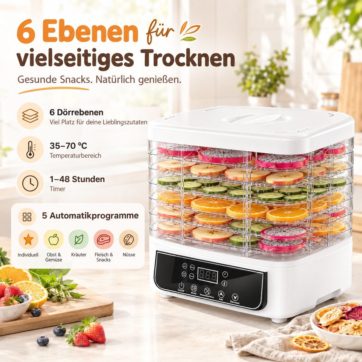 Fofile Dörrautomat Dörrautomat für Obst und Gemüse, Dörrgerät mit Temperaturregler 160 W, 6 Etagen, 48h-Timer, 6 Einlegefächer, 35–70 °C, Snack to go – Bild 4 von 5