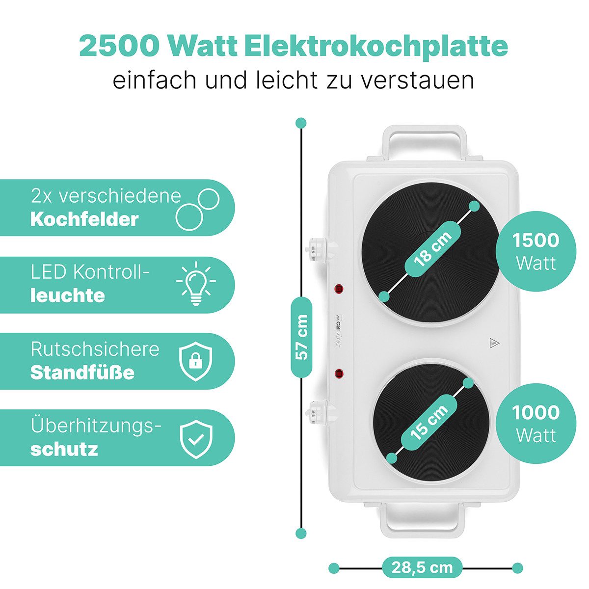 CLATRONIC Doppelkochplatte DKP 3583, für Camping, Küche, Büro, Ø ca. 180 mm & 150 mm