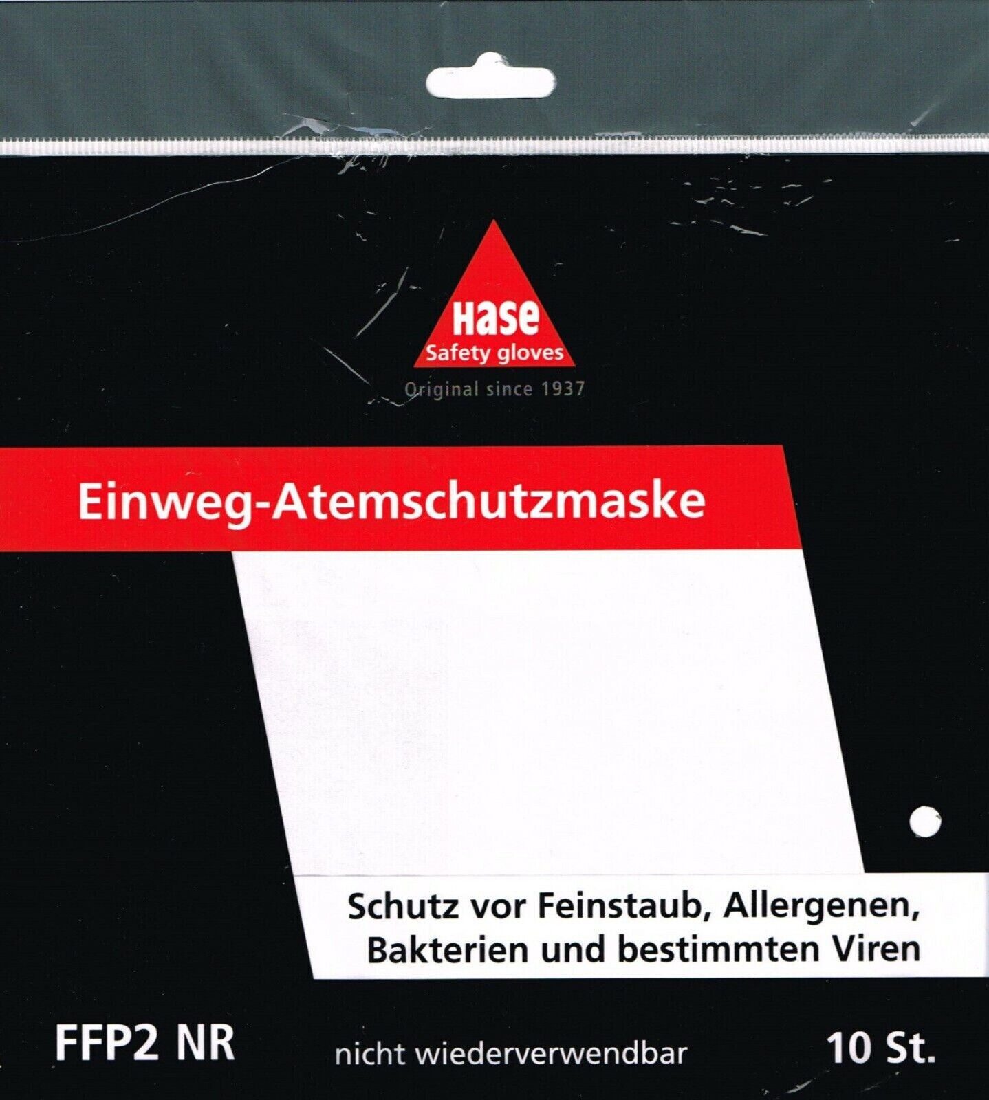 Hase Safety Gloves Mund-Nasen-Maske 957000 FFP2 Maske Mundschutz Atemschutzmaske Schutzmaske weiß, Packung, 50-St., VPE= 10-500 Stück, Justierbarer Nasenbügel