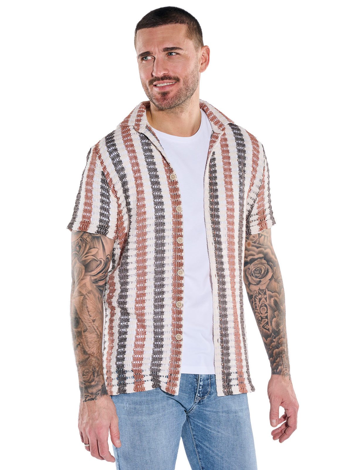 emilio adani Kurzarmhemd Herren Kurzarm Baumwollhemd in Häkeloptik, Braun