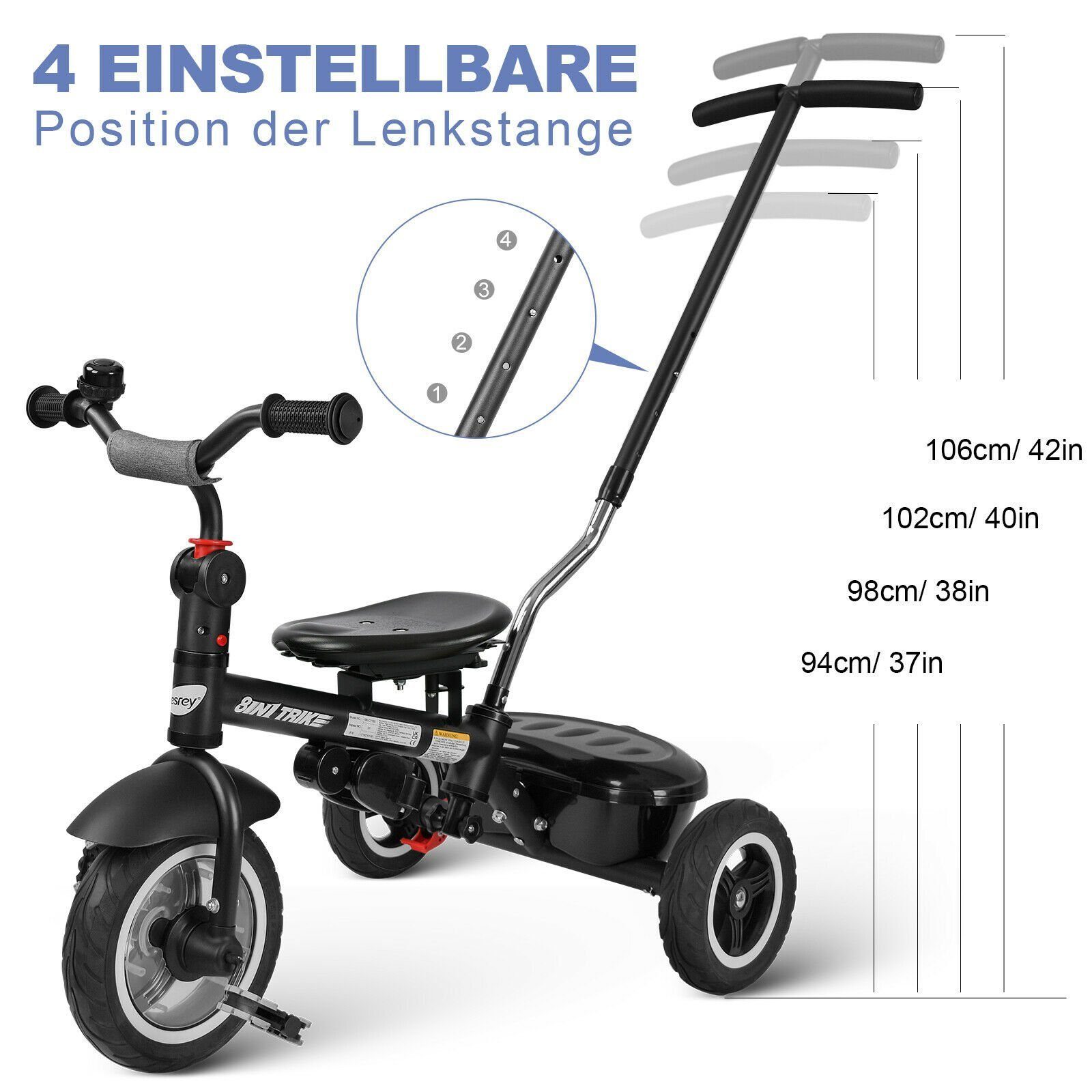 besrey Dreirad 7-in-1 Kinderdreirad mit 360° Sitz und verstellbarer Rückenlehne, All-Terrain-Räder aus Gummi, Freilauffunktion