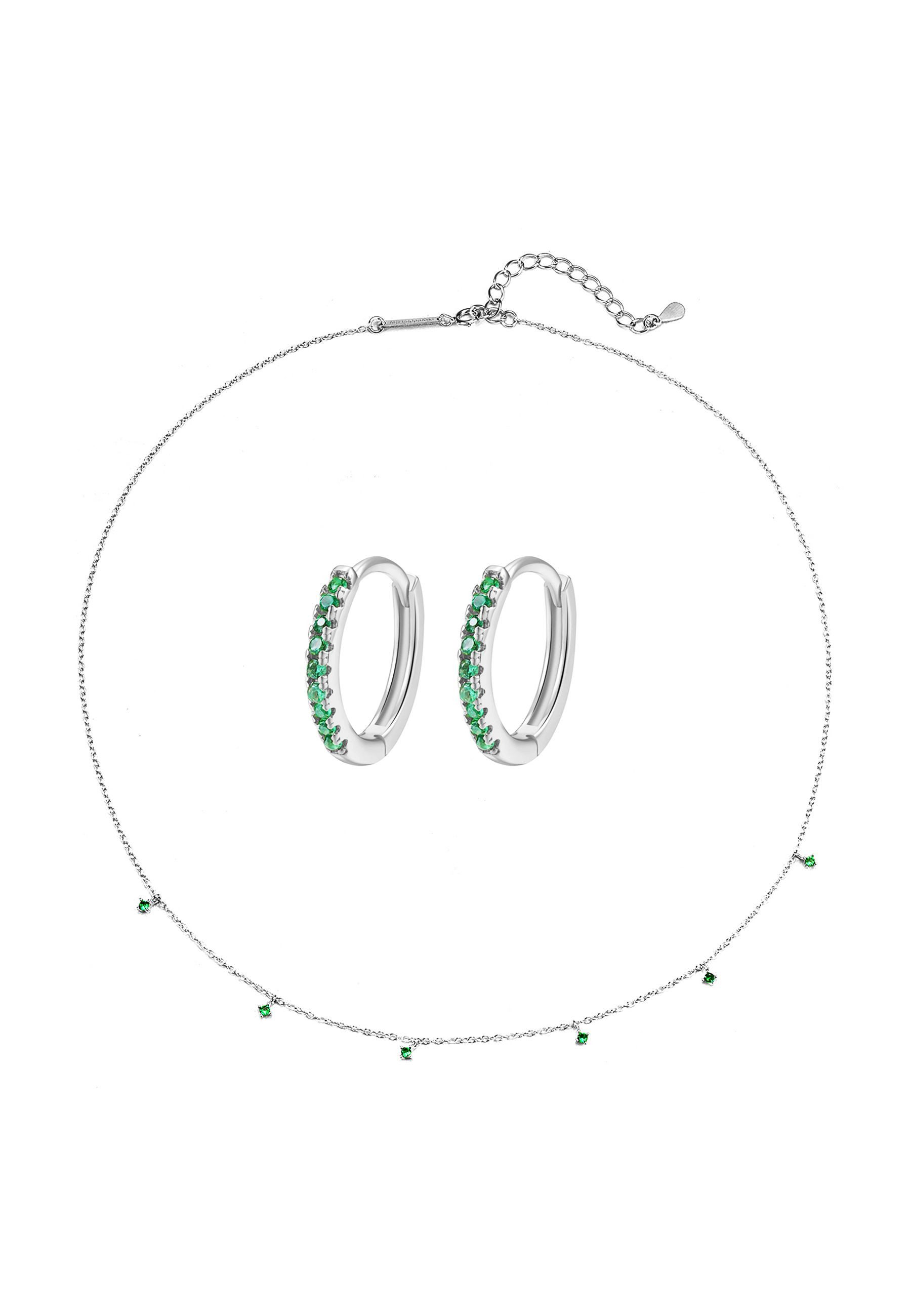 Hey Happiness Ohrring und Ketten Set Smaragdglanz, Schmuckset 925 Silber, Farbiges Damen Set mit Kette & Ohrringen und grünen Kristallen