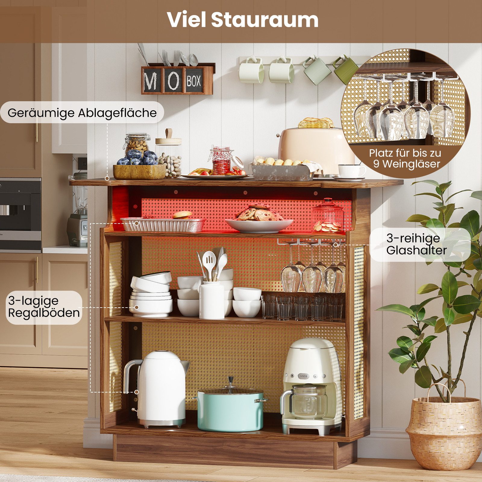 COSTWAY Bartisch, LED Hausbar Weinschrank Rattan mit 3-reihigen Glashaltern