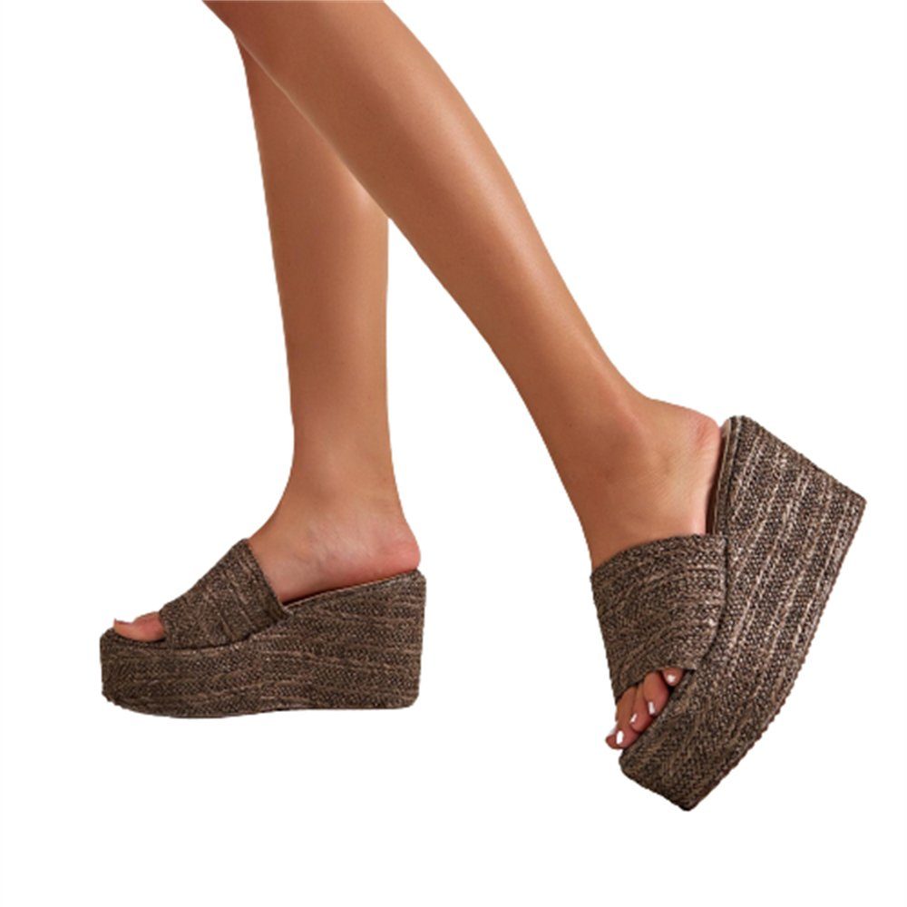 Sandalette Damen-Sommer-Sandalen, hohen Braun Sandalen mit einfache Rouemi gewebte Absätzen