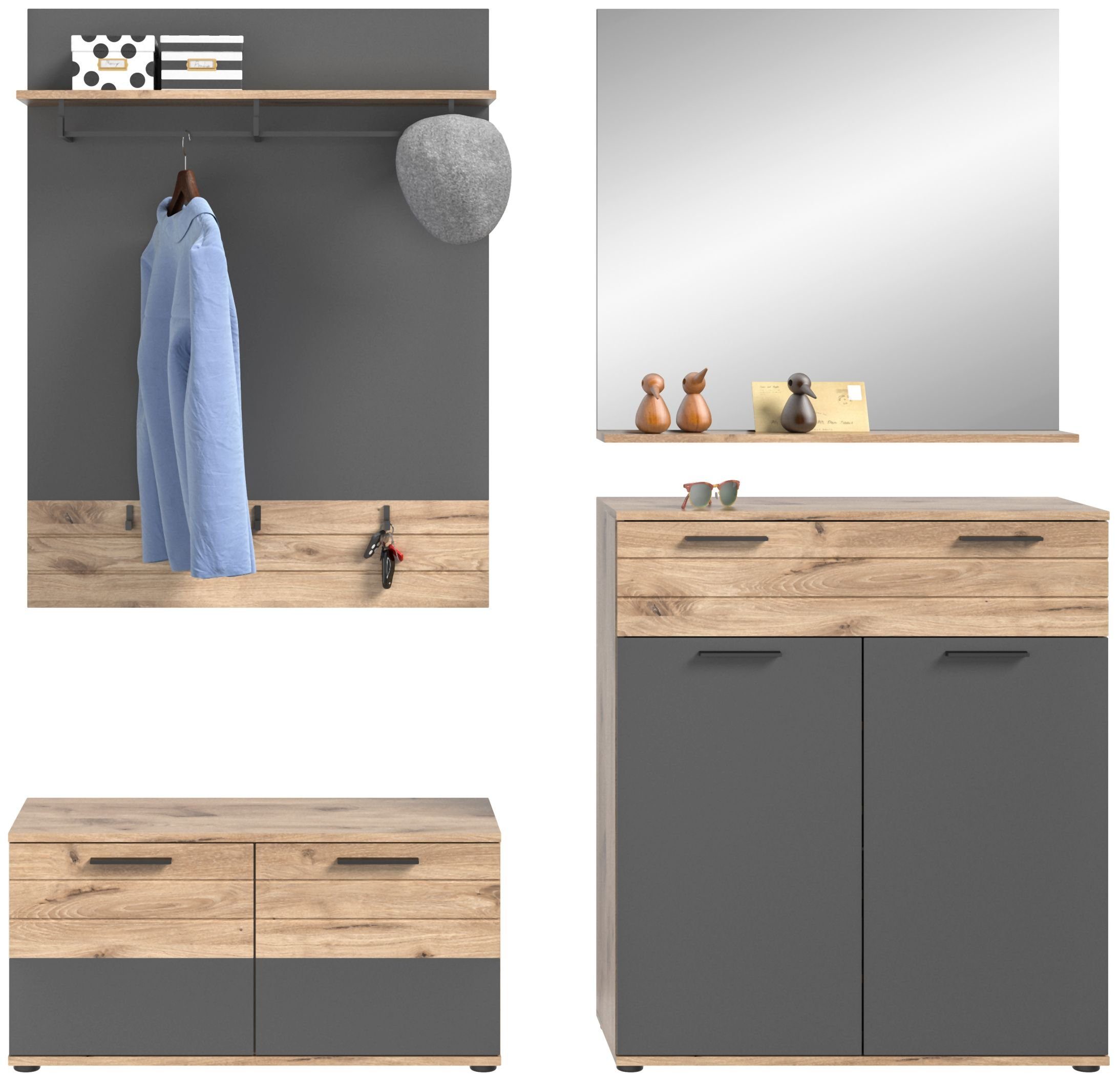 xonox.home Garderoben-Set Garderobenmöbel-Set Mason G03 4-teilig - Nox Eiche und Basalt grau, (Komplett-Set, 4-St., Garderobenpaneel, Sitzbank, Schuhkommode, Spiegel)