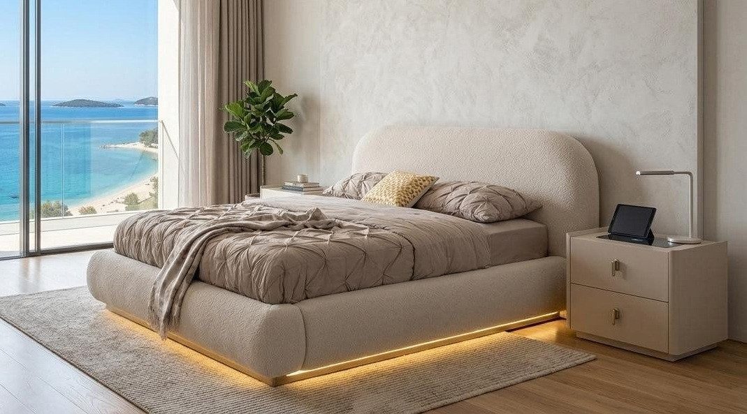 JVmoebel Bettanlage Schlafzimmer Set Bett 2х Nachttische Modern Beige Induktion, (3-tlg), Made in Europa