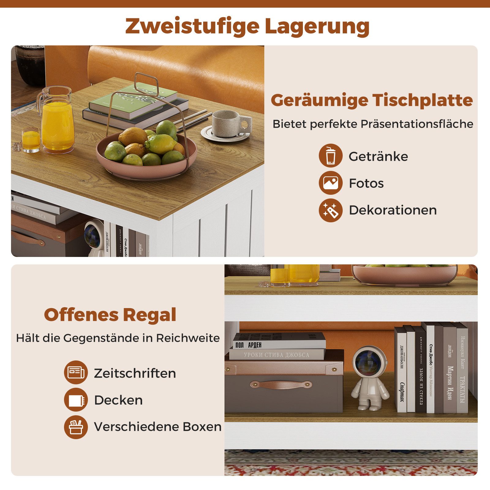 COSTWAY Couchtisch, Holz, quadratischer Wohnzimmertisch mit Stauraum 80x80cm