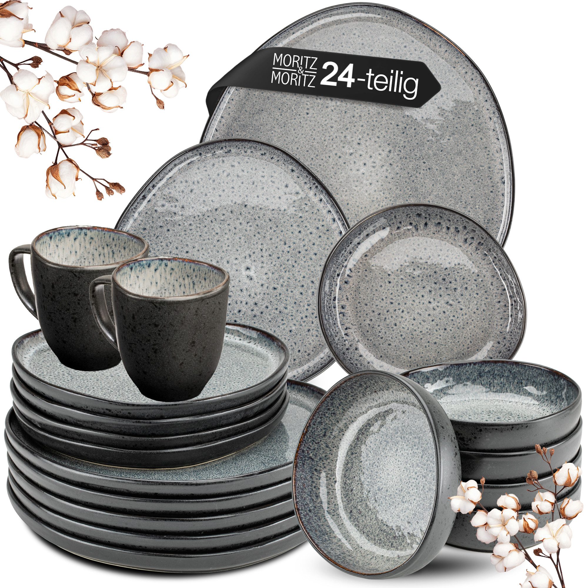 Moritz & Moritz Kombiservice ORGANIC Geschirrset 24tlg Grau (24-tlg), 6 Personen, Steinzeug, Kombigeschirr für 6 Personen