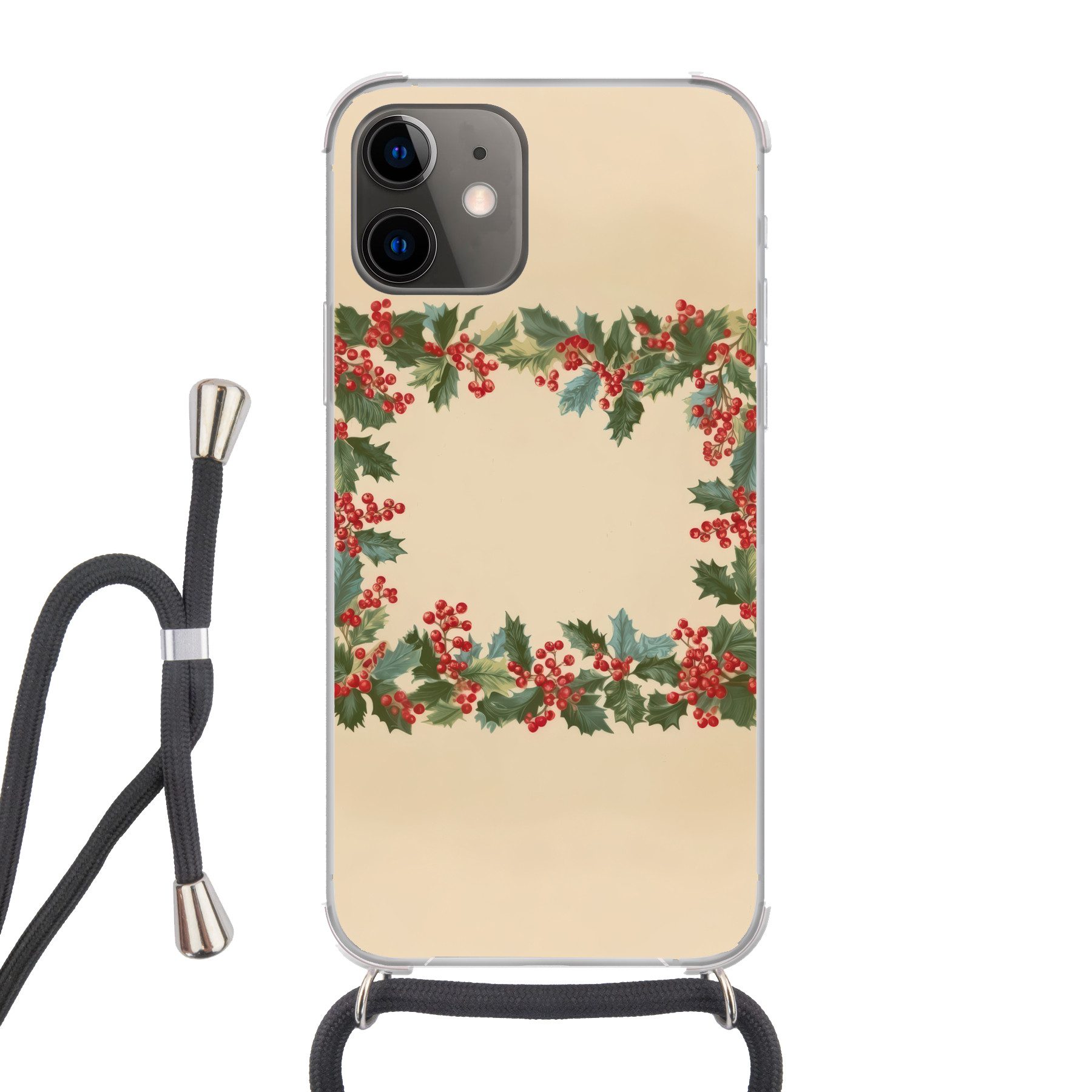 MuchoWow Handyhülle für Apple iPhone 12 Hulstrand - Beeren - Beige, Tragbare Handyhüllen mit Kette zum umhängen, Handykette Handyband