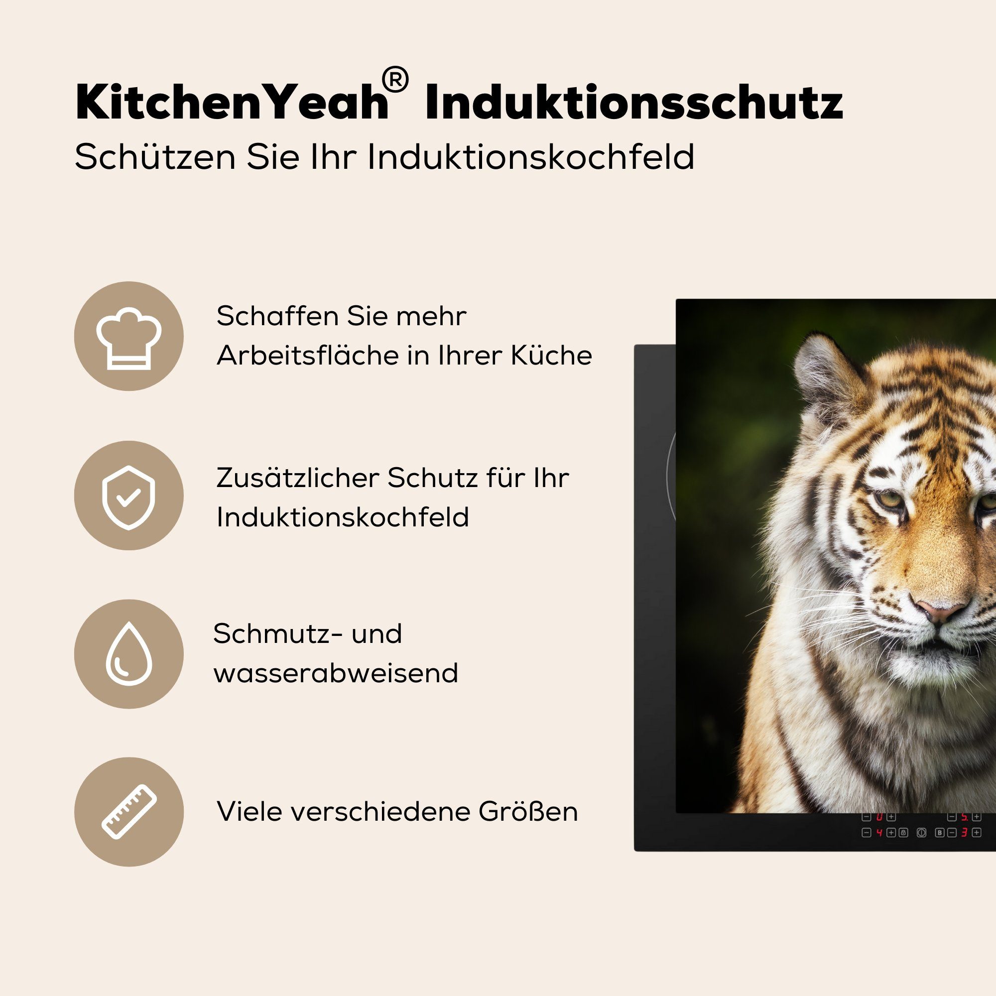 MuchoWow Herdblende-/Abdeckplatte Tiger - Tiere Vinyl, küche Arbeitsplatte für cm, 78x78 tlg), - Ceranfeldabdeckung, (1 Natur