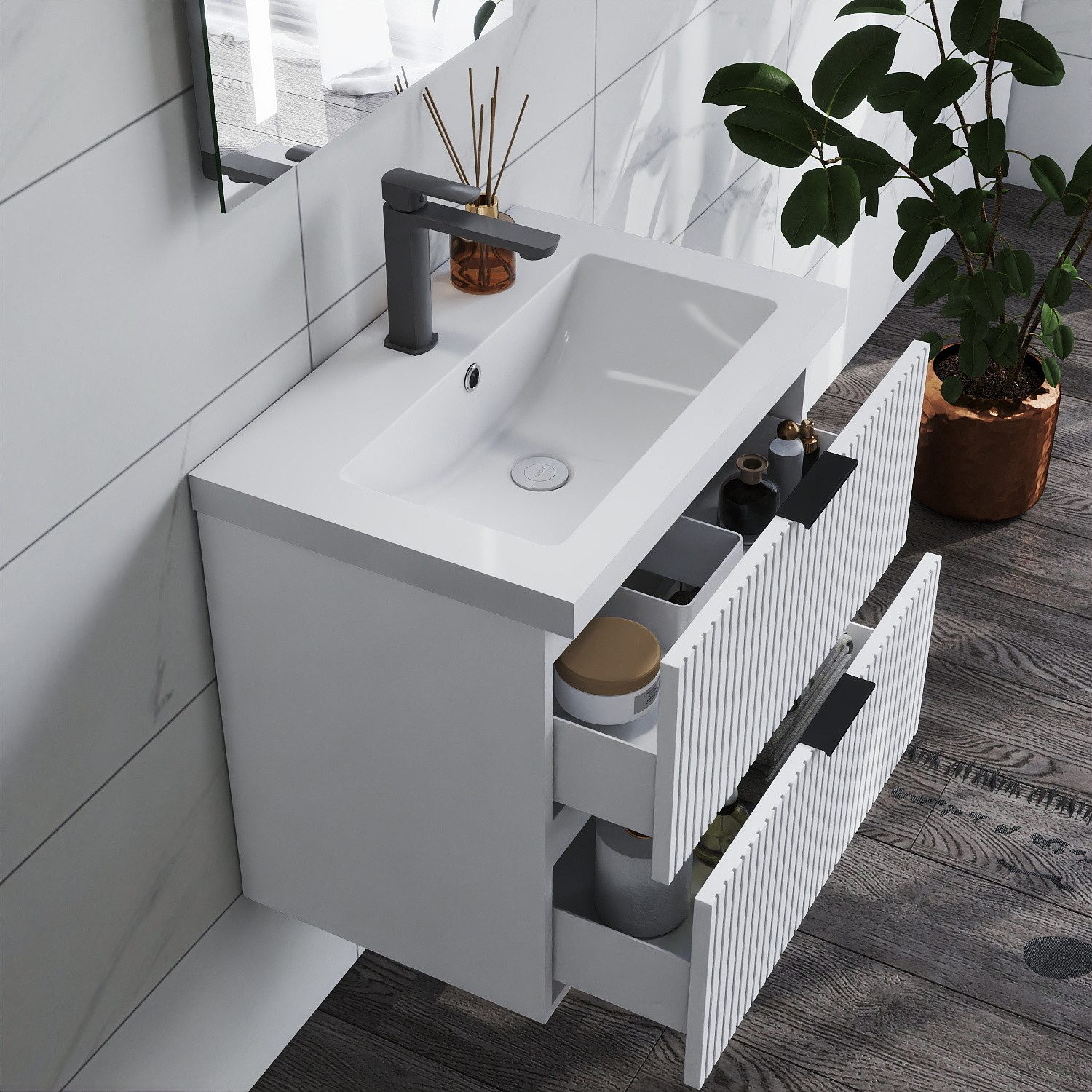 duschspa Waschtisch Waschbecken mit Unterschrank Badmöbel Set Hängeschrank, mit Griffe, 60/80/100cm