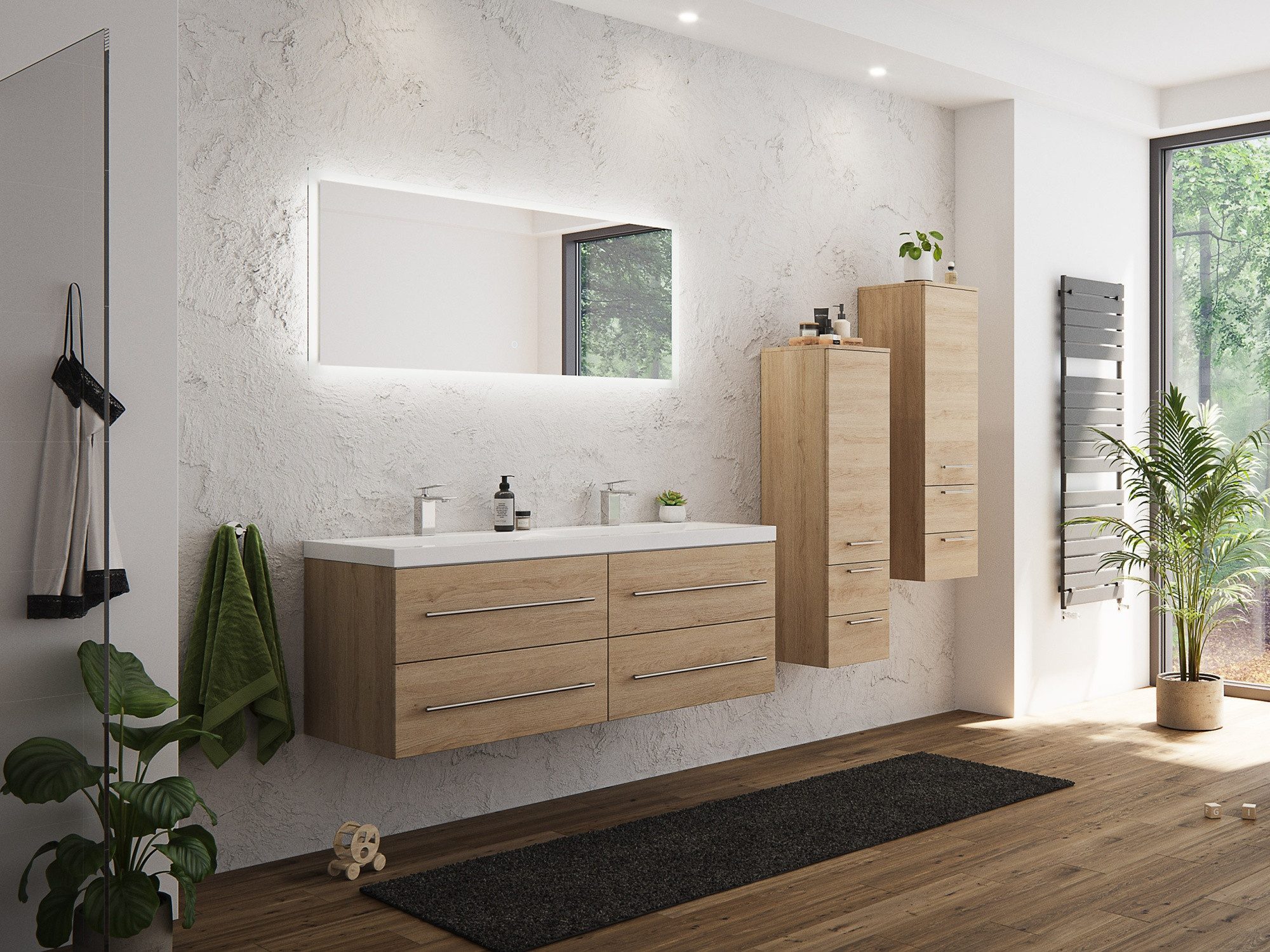 Magnolia Home Doppelwaschtisch Badmöbelset Persepolis XL SoftClose eiche hell 2 Hochschränke LED Spie