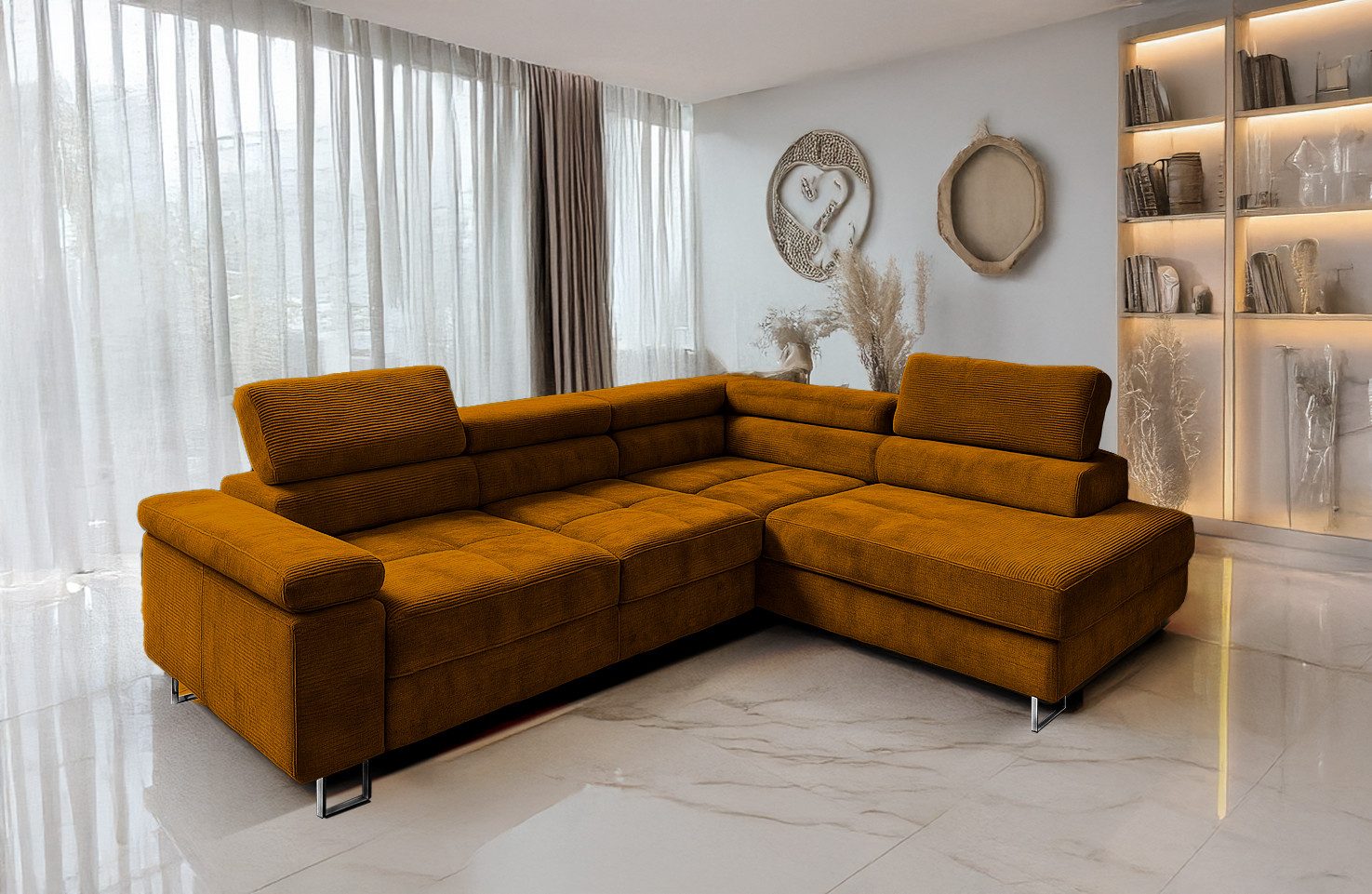 Goldstoff Ecksofa mit Schlaffunktion, Cord Couch günstig online kaufen
