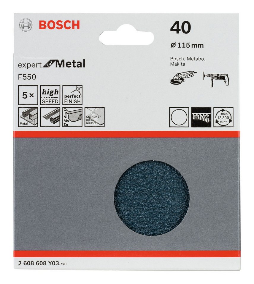 Thumbnail - BOSCH Schleifpapier Expert F550, (5 Stück), Schleifblatt, for Metal, 115 mm, K40, ungelocht, Klett - 5er-Pack