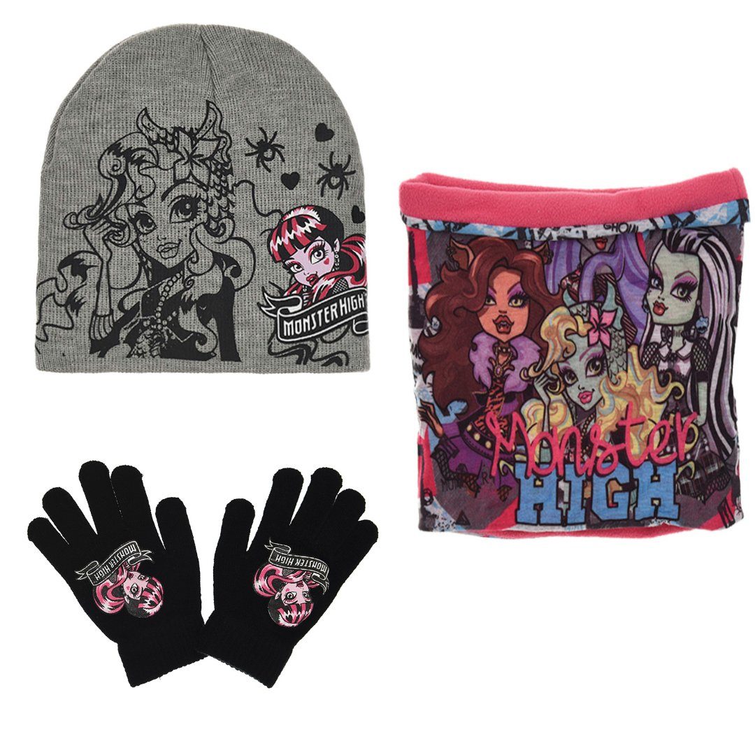 Monster High Schlupfmütze Monster High Girls 3tlg Set Kinder Mütze Wintermütze Handschuhe Loop Gr. 52 bis 54 Grau-02