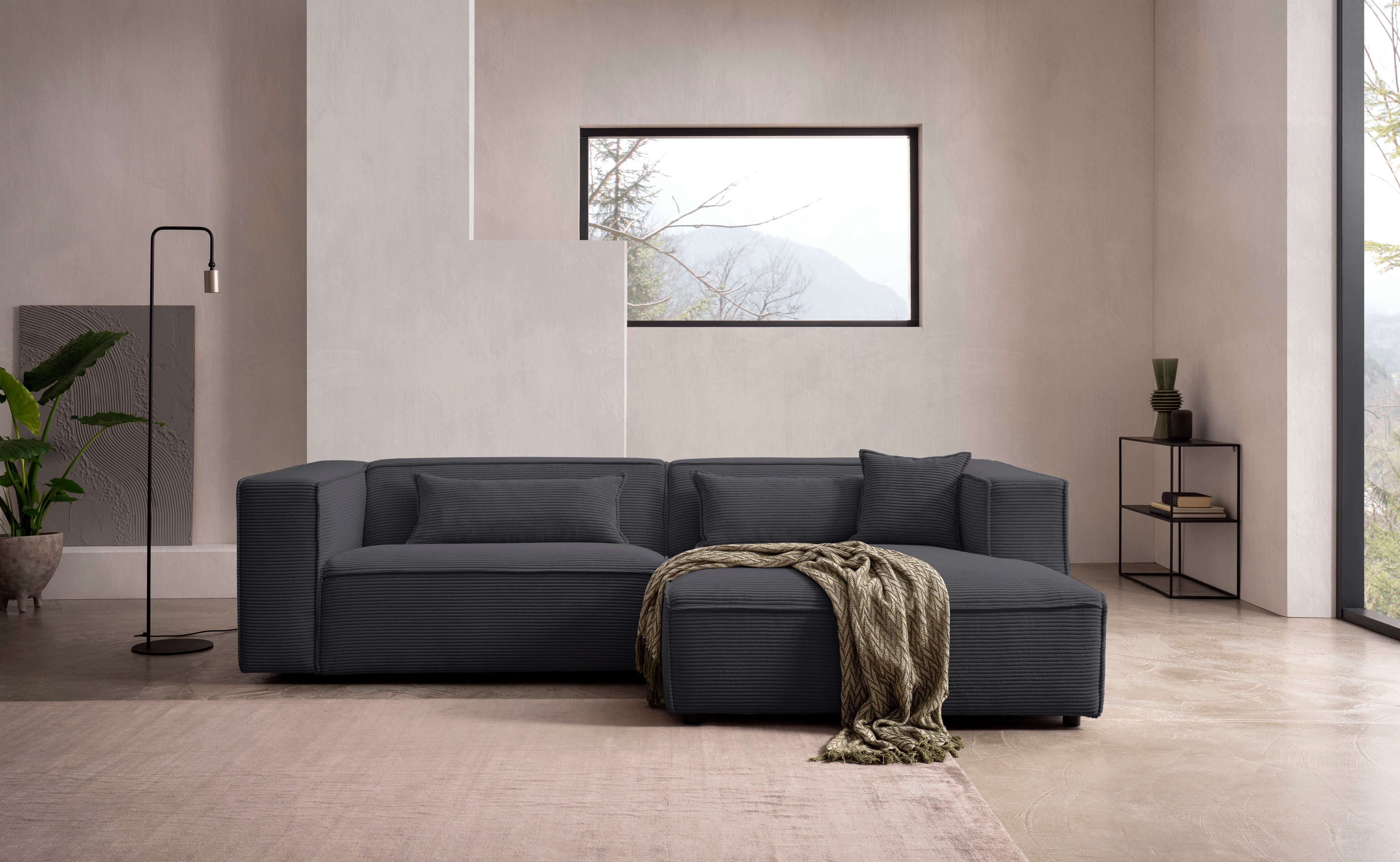 LeGer Home by Lena Gercke Ecksofa PIARA mit Kedernaht, Cord, Leinenoptik o. Strukturstoff, Couch, L-Form, wahlweise Ottomane rechts/links, schwarze Füße, bequemer Sitzkomfort