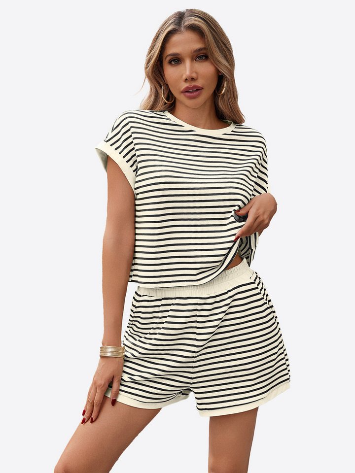 Imily Bela Hausanzug Damen Sommer-2-teilige Sets (Set, 2 tlg., Kurzarm-T-Shirts + Shorts) Streifen