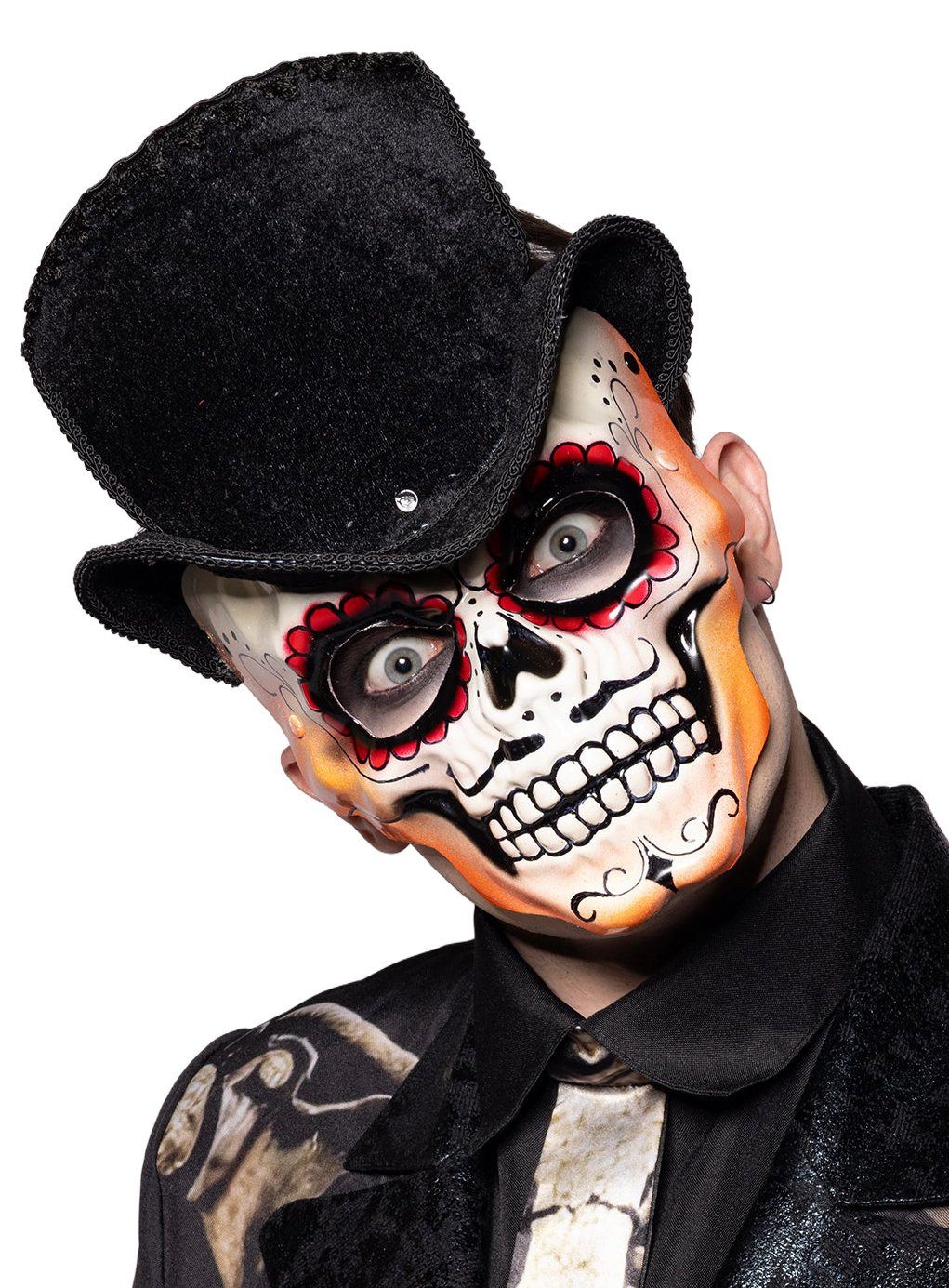 Metamorph Verkleidungsmaske Sugar Skull Maske mit Zylinder, Dia de los Muertos Schädel mit Hut