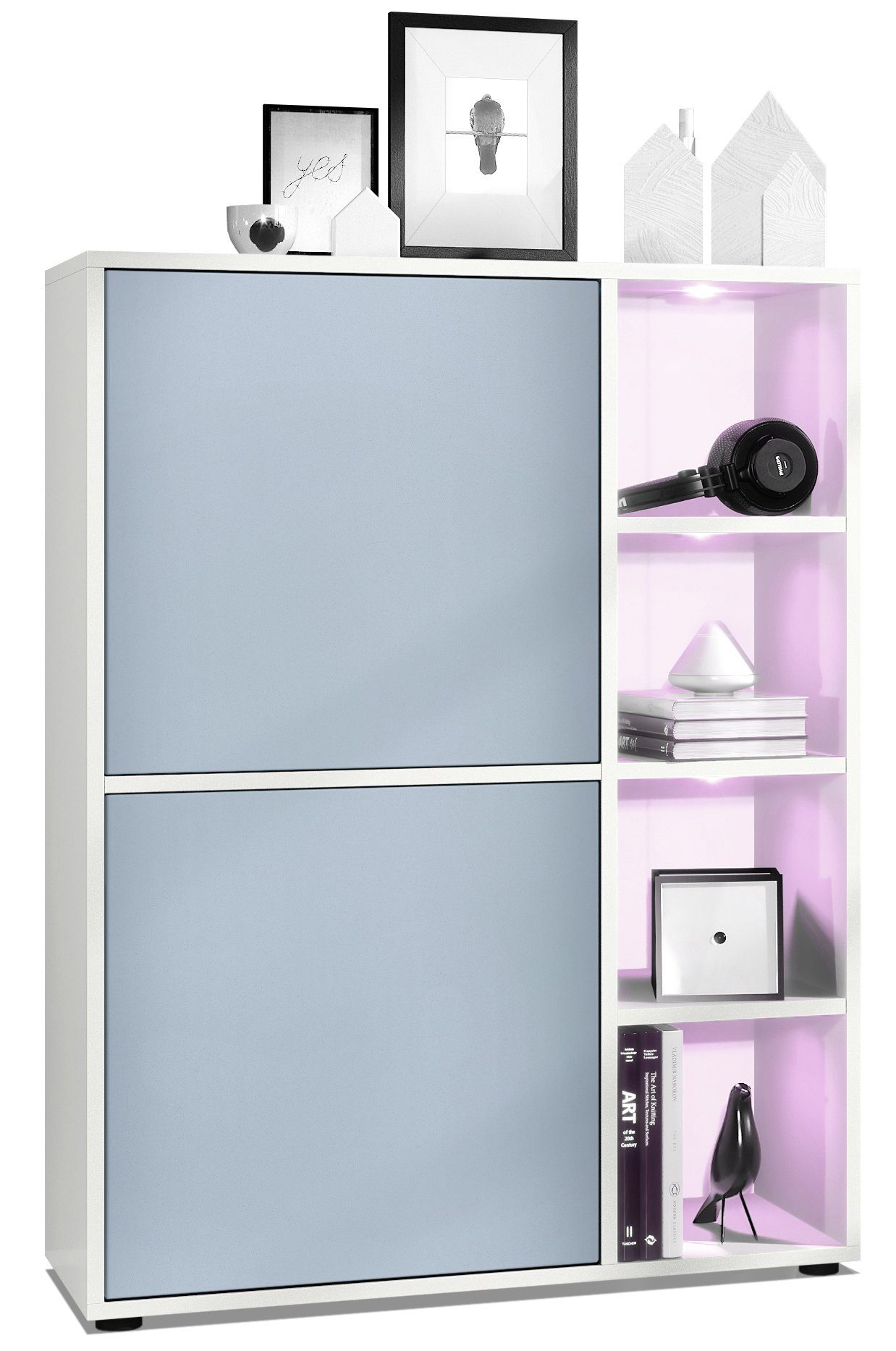 Vladon Highboard Cuba (Anrichte mit 2 Türen, und 4 offene Fächer inkl. RGB LED Beleuchtung), Weiß matt/Denim matt (79 x 105,5 x 35,5 cm)