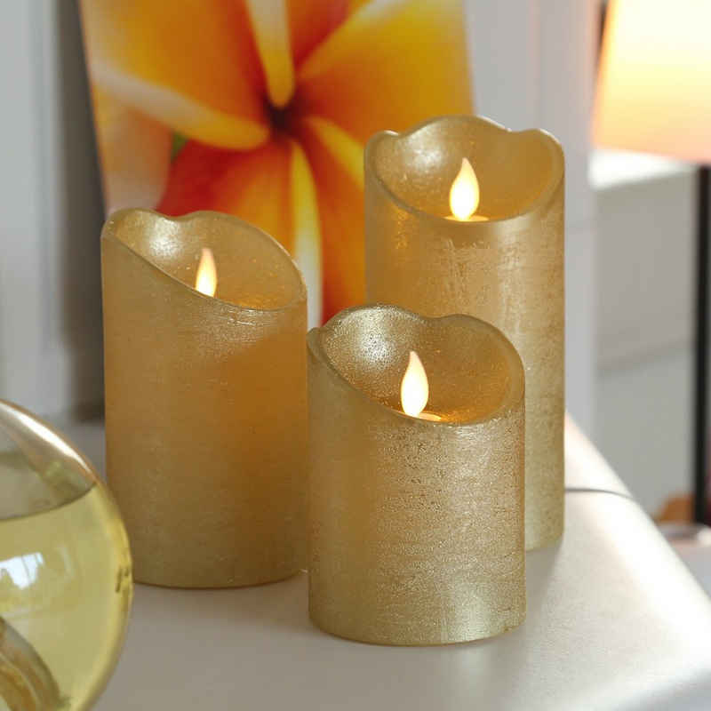 MARELIDA LED-Kerze LED Kerzenset Echtwachs bewegliche Flamme Fernbedienung gold 3er Set (3-tlg)