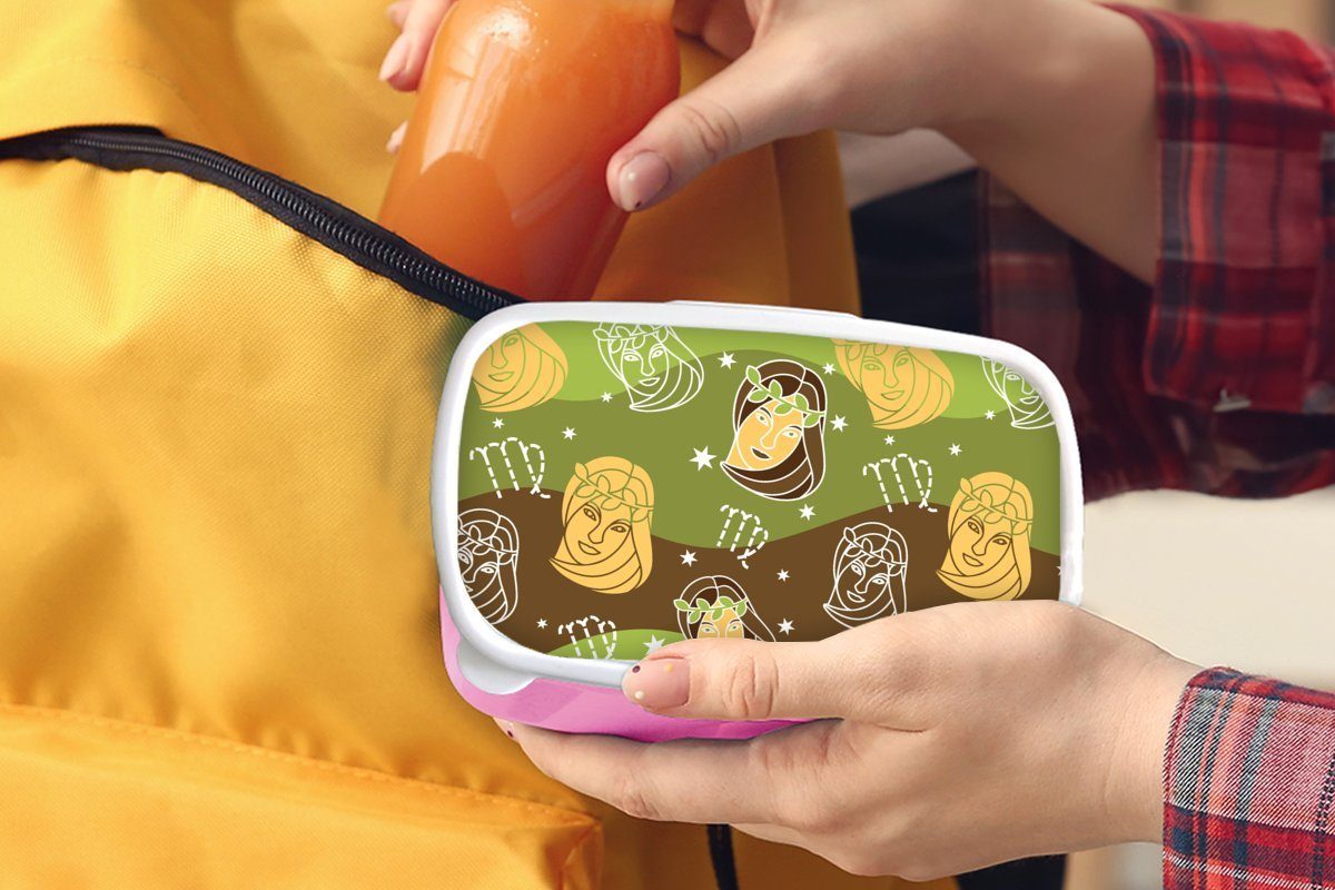 Muster, MuchoWow - Tierkreiszeichen Brotbox Erwachsene, rosa (2-tlg), Kinder, Lunchbox für - Snackbox, Kunststoff, Mädchen, Jungfrau Brotdose Kunststoff