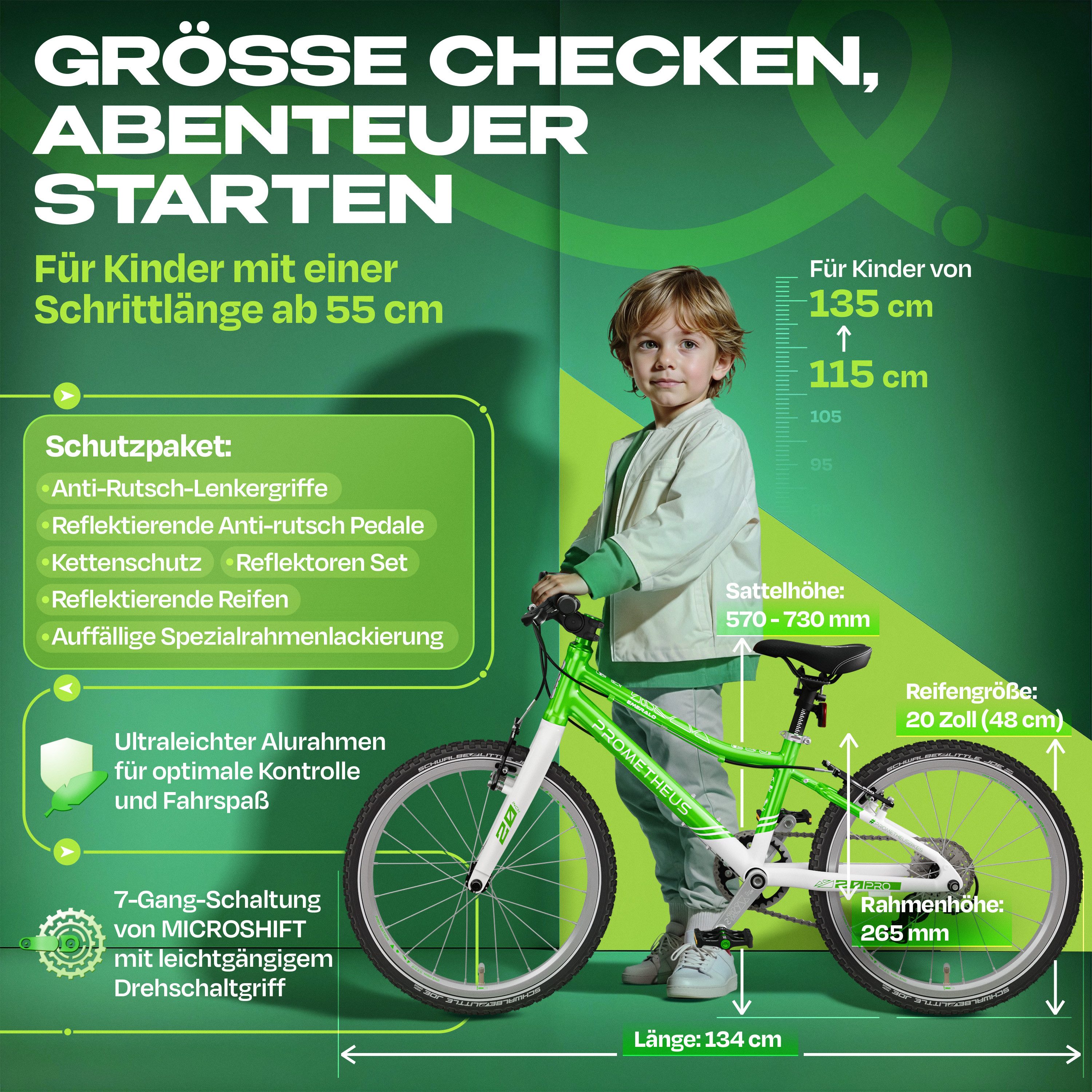 PROMETHEUS BICYCLES Kinderfahrrad PRO 20 Zoll ab 6 Jahre, 7 Gang microSHIFT, Kettenschaltung, PREMIUM ultralight (7.7 kg) AA-6061 Alurahmen V-Brakes SCHWALBE Reifen