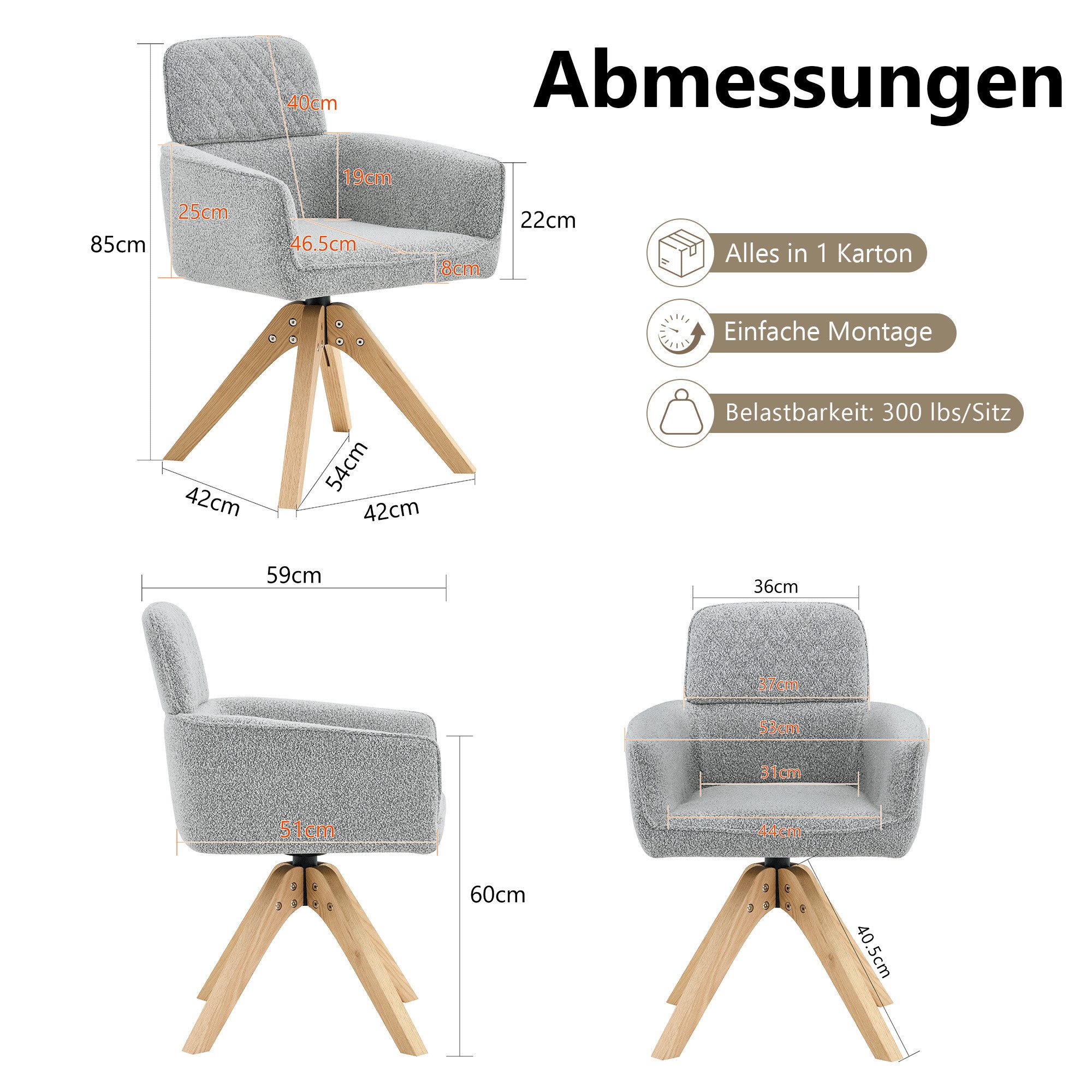 gopop Drehstuhl 2er-Set 360° Stuhlbeine aus Massivholz Cremefarben/Grau (2 St)
