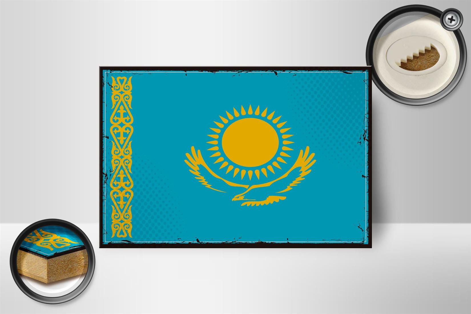Femer GmbH Holzbild Flagge Kasachstans 18x12 cm Retro Kazakhstan, Flaggen (1 St), Glatte Holzfaserplatte (MDF), vorn beschichtet