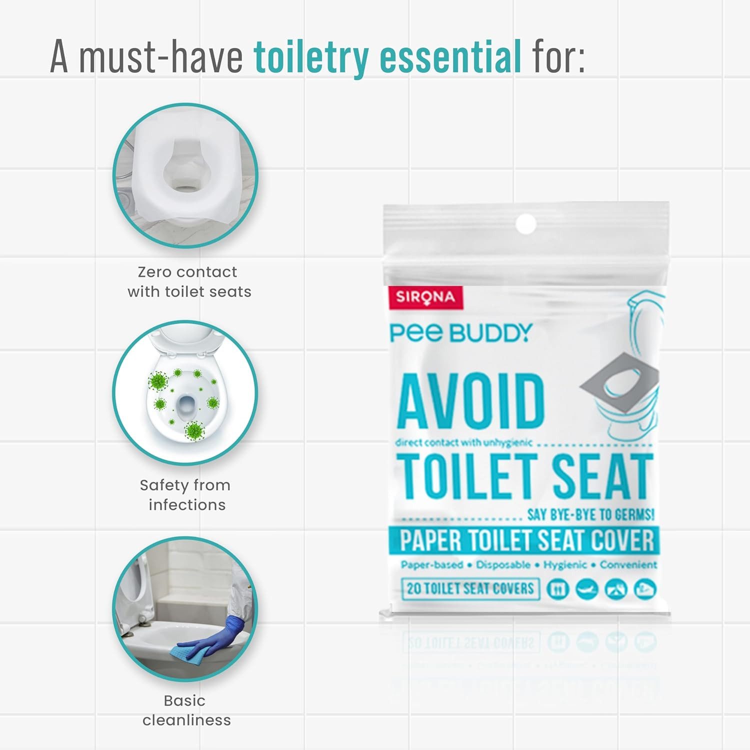 Sirona WC-Deckelbezug Einweg-Toilettensitzauflagen für unterwegs – wasserfest & hygienisch, Einweg-Toilettensitzauflagen, Wasserfest, Spülbar, Kompakt und tragbar, Einweg, Wasserfest, Hygienisch, Leicht und kompakt, Beschichtetes Papier, 20, Auslaufsicher, Hygienisch, Reisefreundlich