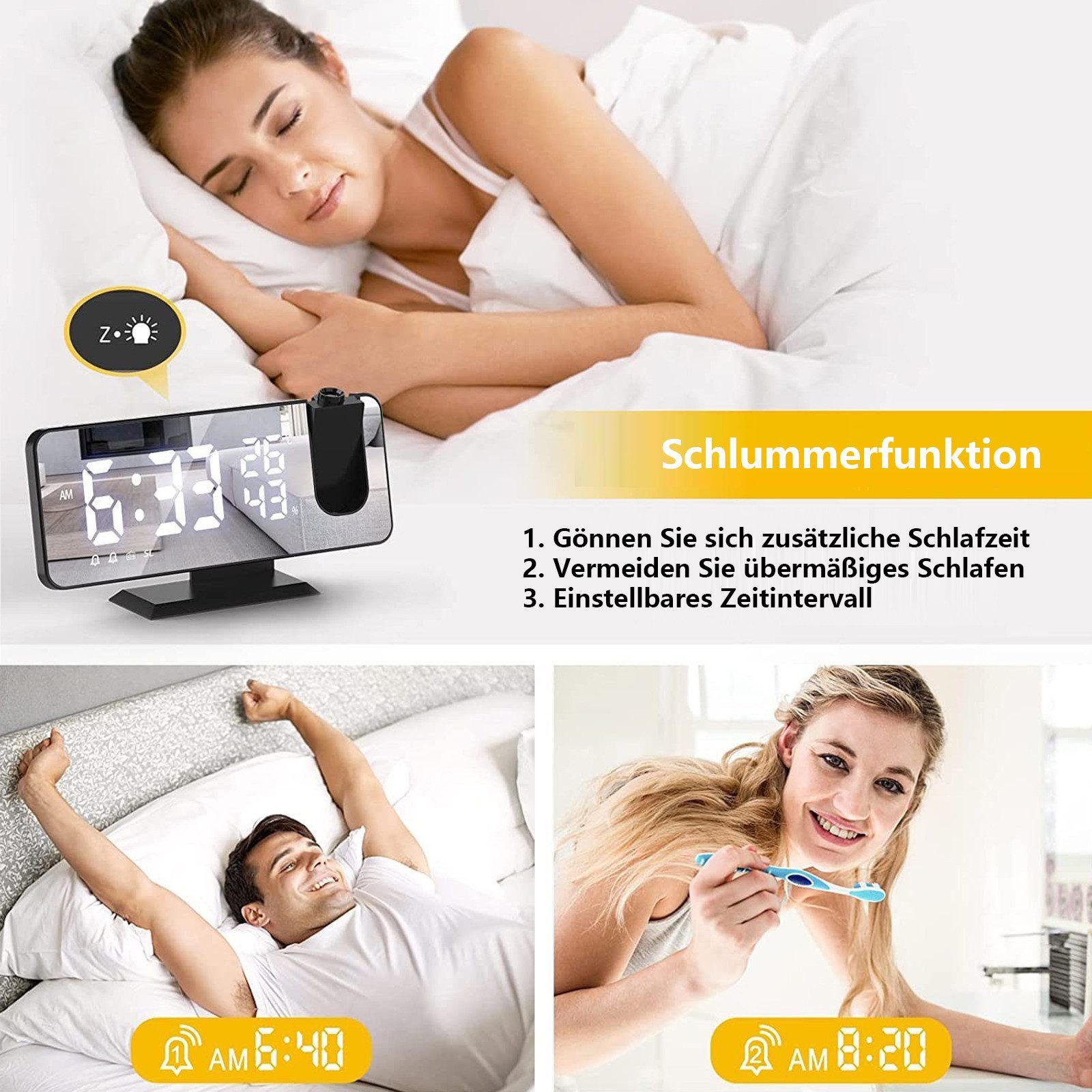 AIMAX Projektionswecker Radiowecker mit 180° Projektor,Projektionswecker Digitaluhr für Schlafzimmer 7.5" LED-Anzeige,USB/Type-C-Anschluss