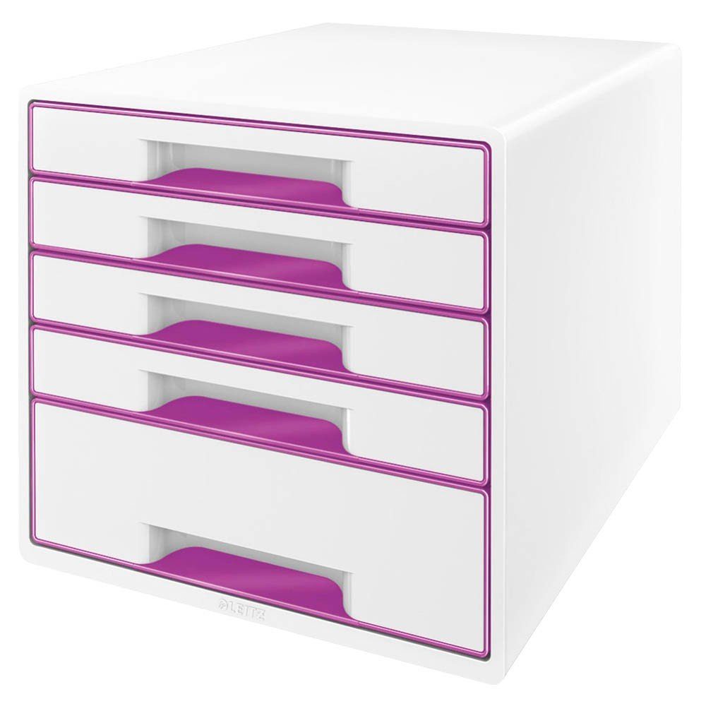 1 Schubladenbox einzeln herausnehmbar Schubladenbox CUBE 5 Schübe WOW LEITZ mit Stapelbar; Auszugssperre; Schubladen - weiß/violett, metallic violett