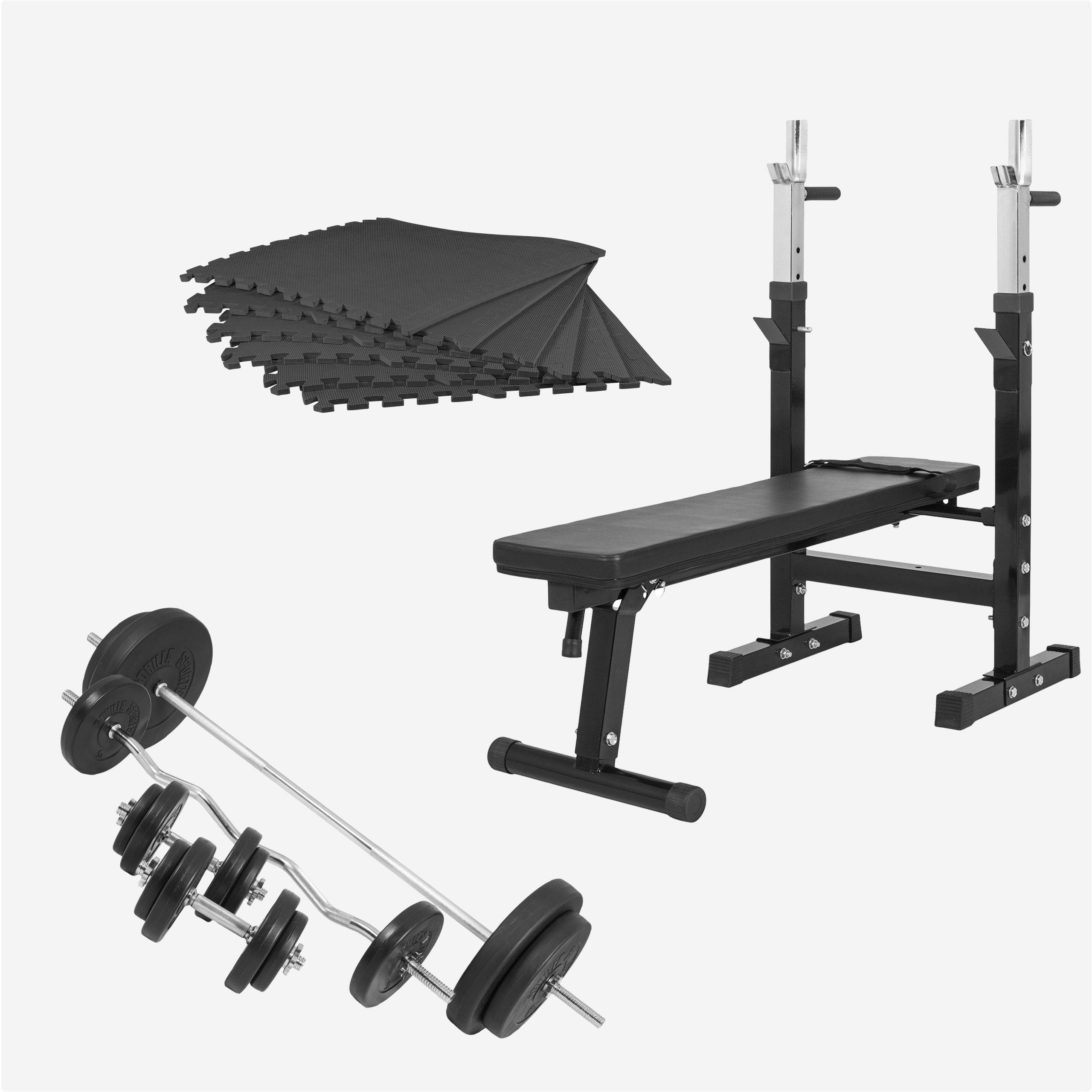 Ablage, GORILLA SPORTS Schutzmatten, mit Hantelbank Klappbar Schwarz 100kg, inkl. Hantelset Dip-station,