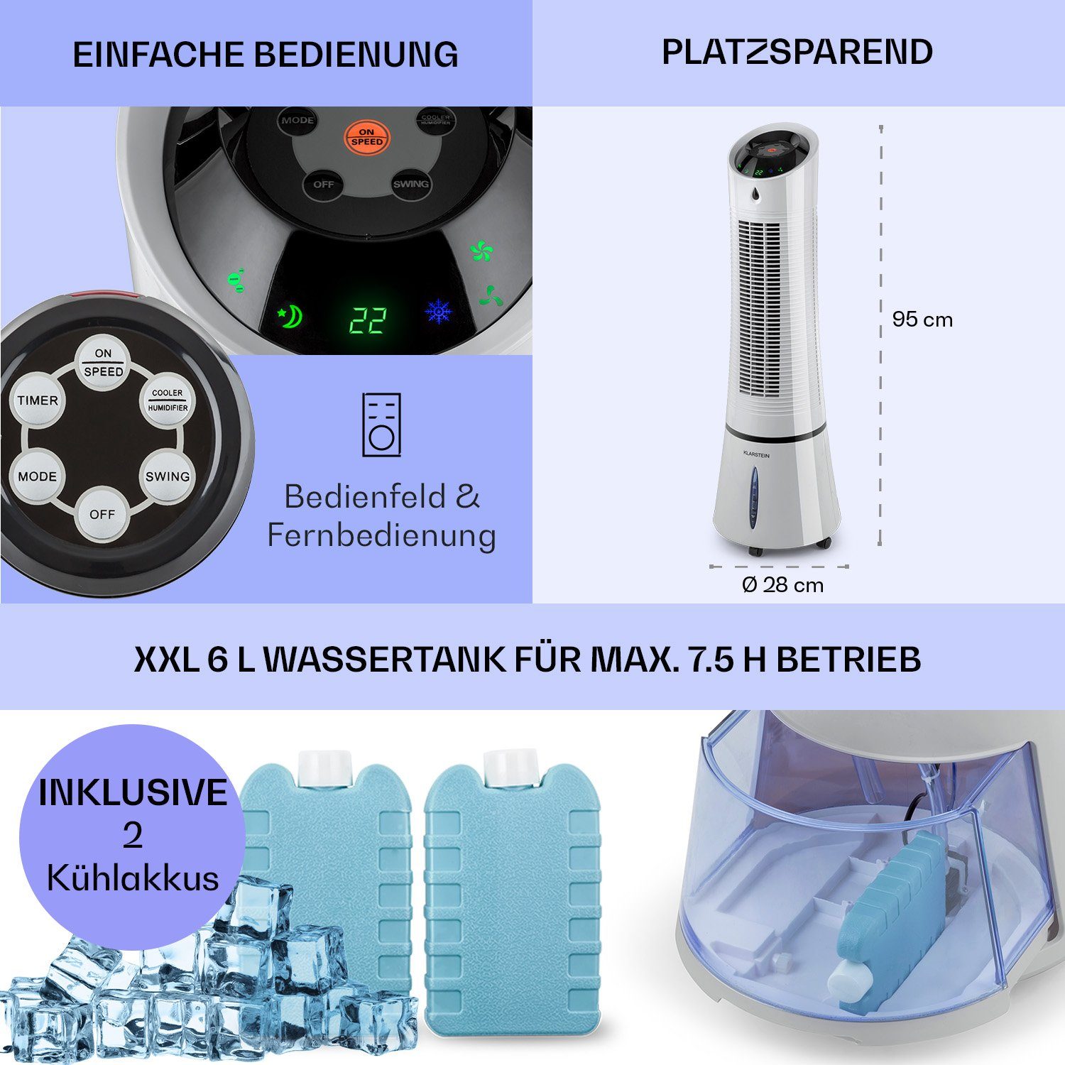 Luftkühler, Eis Ice mit Abluftschlauch Grau 4-in-1 mobil Klarstein Skyscraper Klimagerät Wasserkühlung & ohne Ventilatorkombigerät