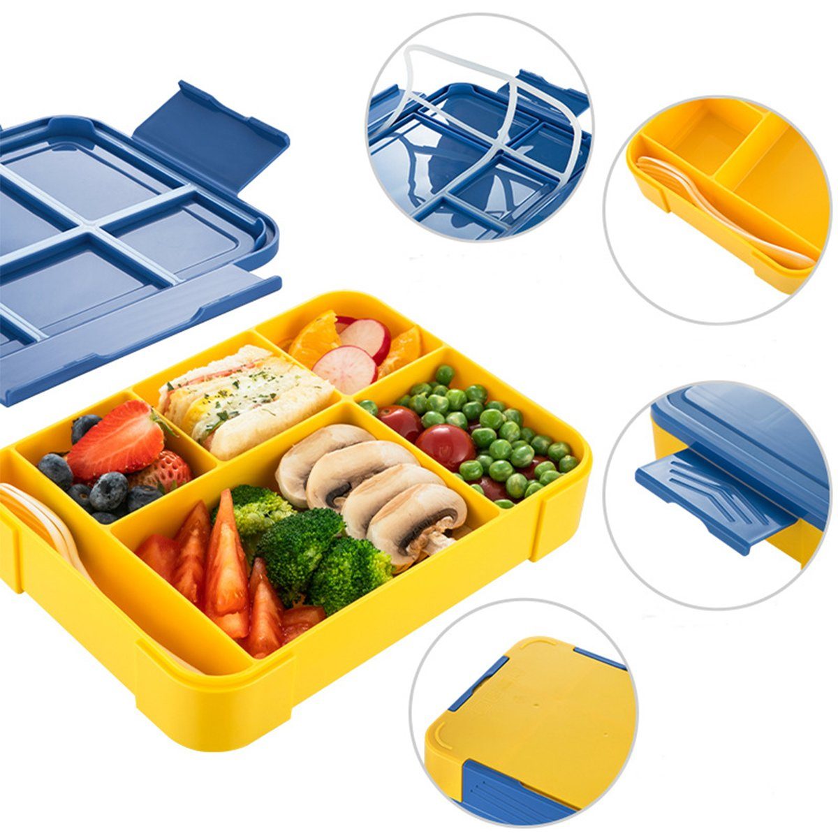 Fächern Box spülmaschinenfest, Box mit Brotdose Kinder 1330ML Bento Blau Lunchbox 5 Auslaufsicher Lunchboxen, XDeer Bento Lunchbox