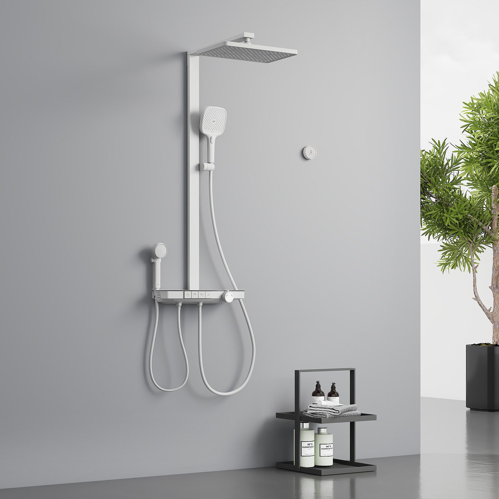 EMKE Duschsystem Duschsäule mit Thermostat und Bluetooth-Steuerung, modernes Design, Höhe 113 cm, 4 Strahlart(en), Regendusche,Kinderdusche,Bluetooth,Weiß